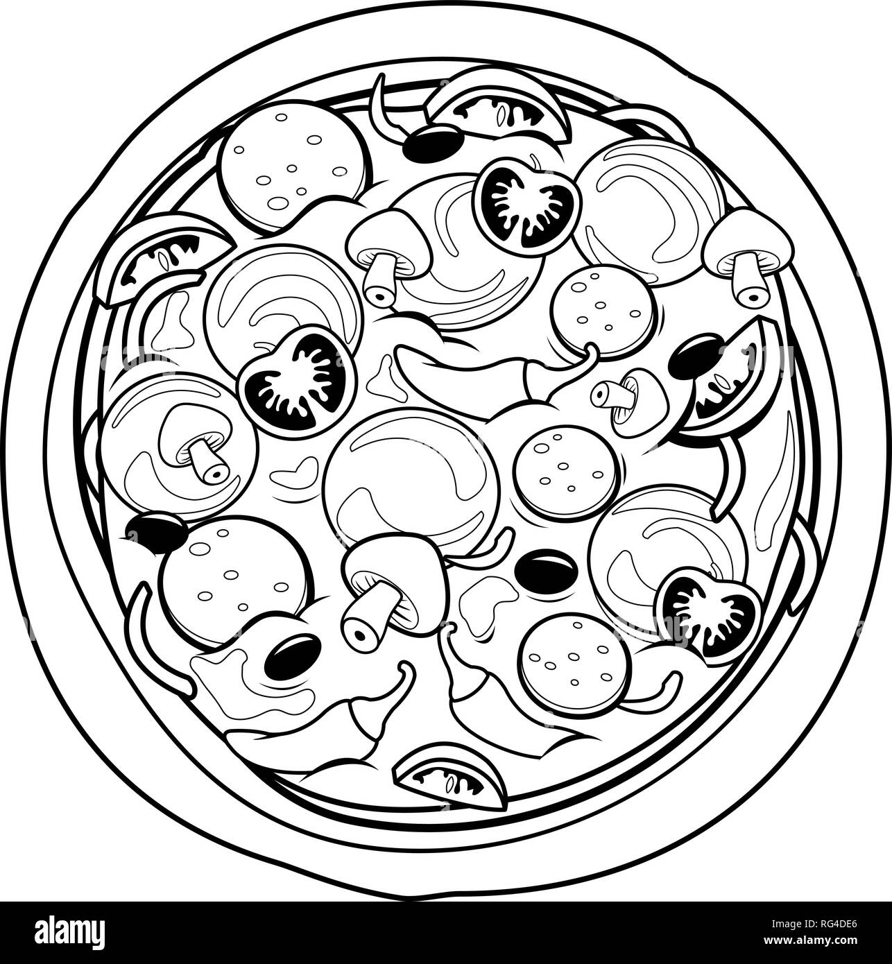 Pizza con formaggio e peperoni. Pizzeria italiana con pomodoro, peperoni, olive e salsiccia. Pagina di colorazione vettoriale in bianco e nero. Illustrazione Vettoriale