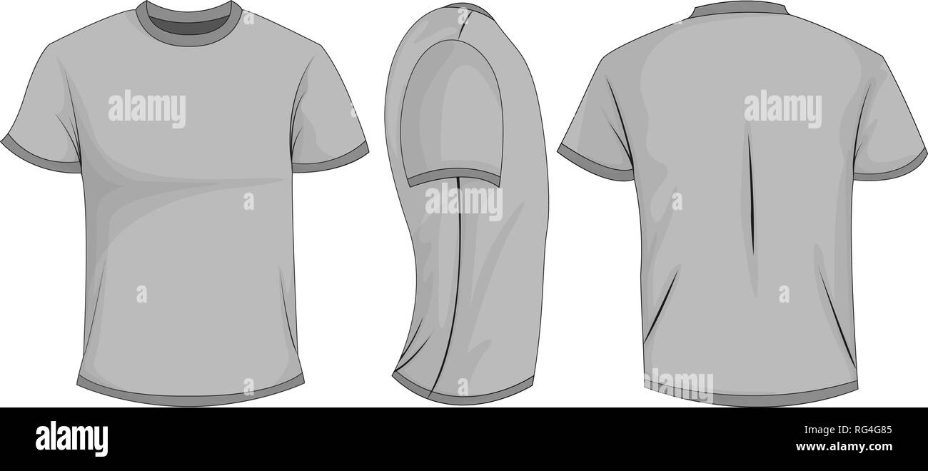 Nero/grigio scuro mens t-shirt con maniche corte. Anteriore, posteriore, vista laterale. Isolato su sfondo bianco. Illustrazione vettoriale EPS10. Illustrazione Vettoriale
