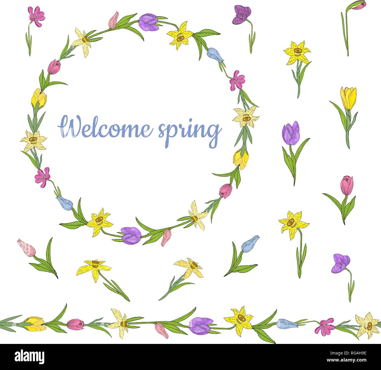 Ghirlanda colorata dalla bella di crochi, narcisi e tulipani. Infinite spazzola orizzontale. Senza cuciture bordo orizzontale. Vettore di disegno a mano illustrazione. Illustrazione Vettoriale