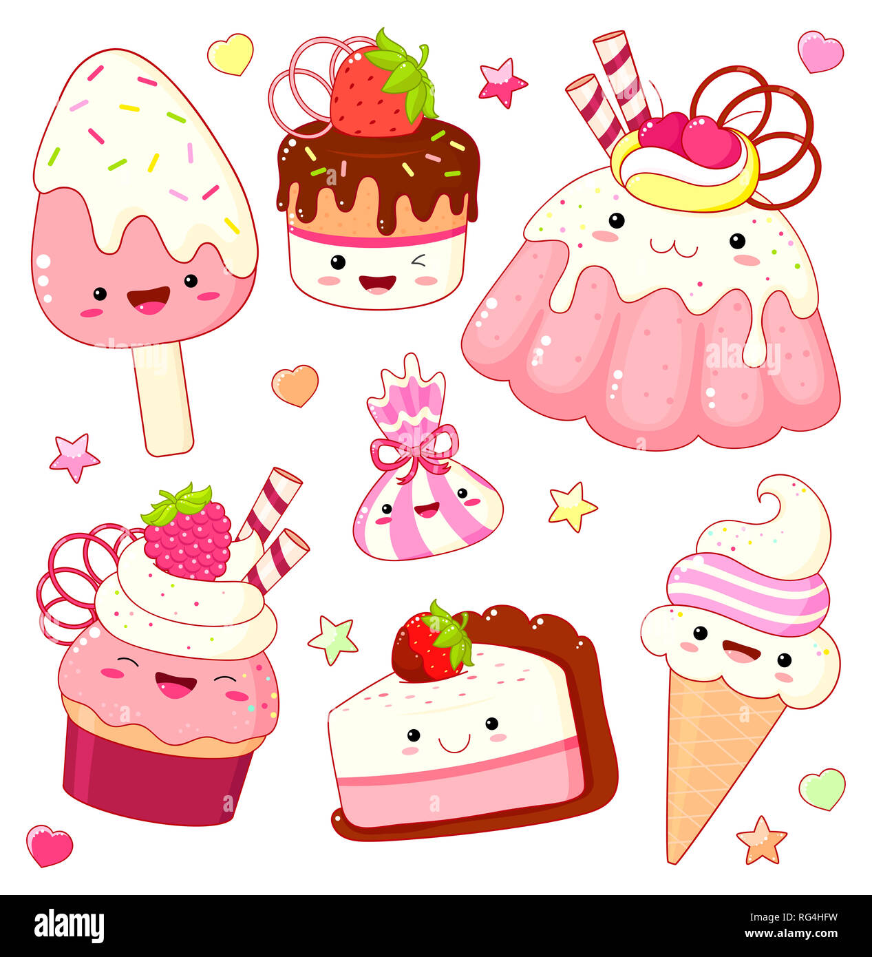Set di carino dolce icone in stile kawaii con volto sorridente e guance rosa per il dolce design. Gelato, candy, torta, tortina. EPS8 Foto Stock