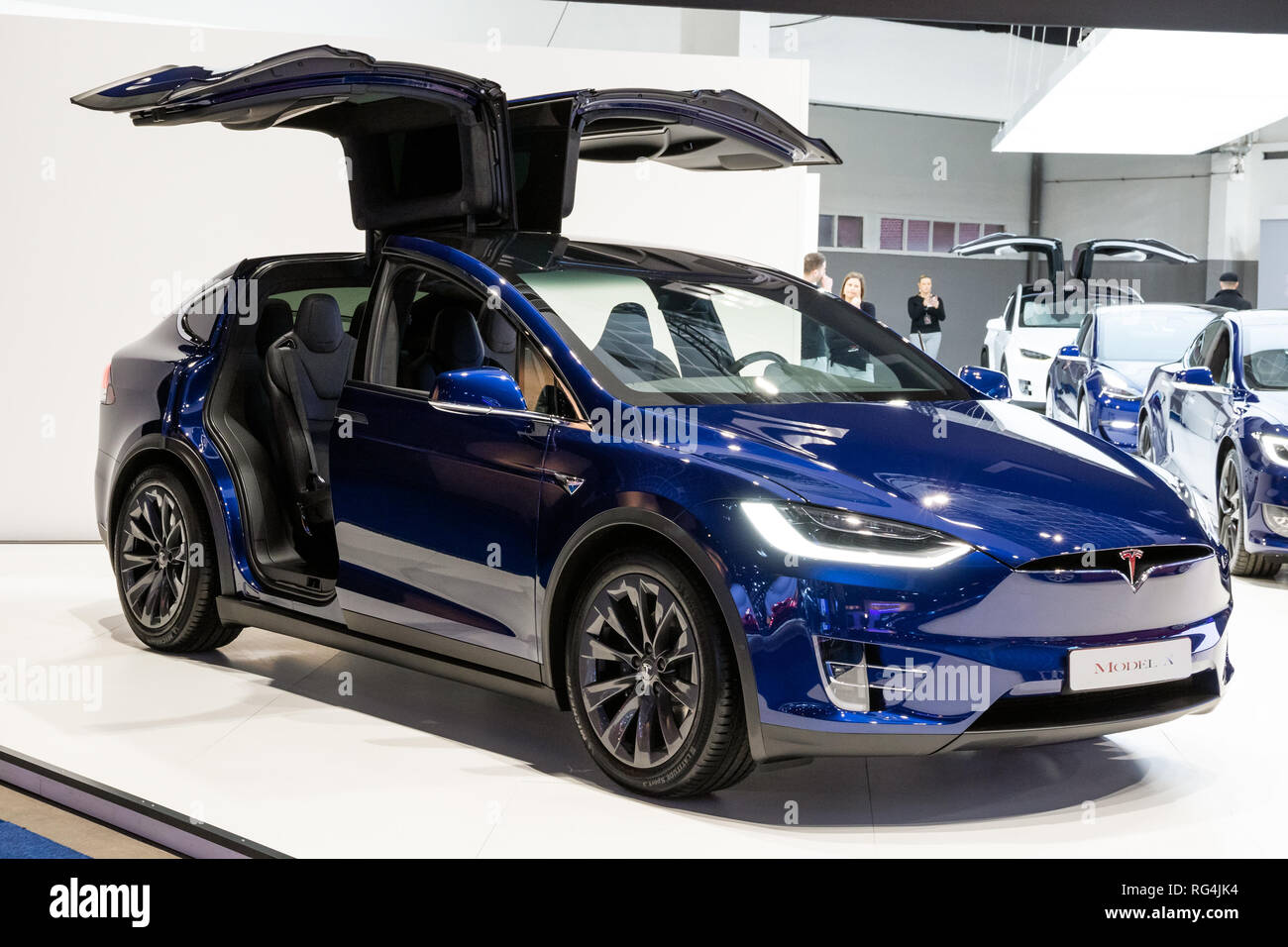 Bruxelles - Jan 18, 2019: Tesla Model X auto elettrica presentati presso la 97Bruxelles Motor Show 2019 Autosalon. Foto Stock