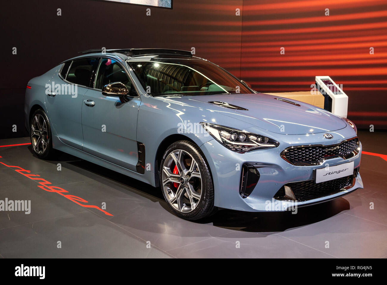 Bruxelles - Jan 18, 2019: Kia auto Stinger presentati presso la 97Bruxelles Motor Show 2019 Autosalon. Foto Stock