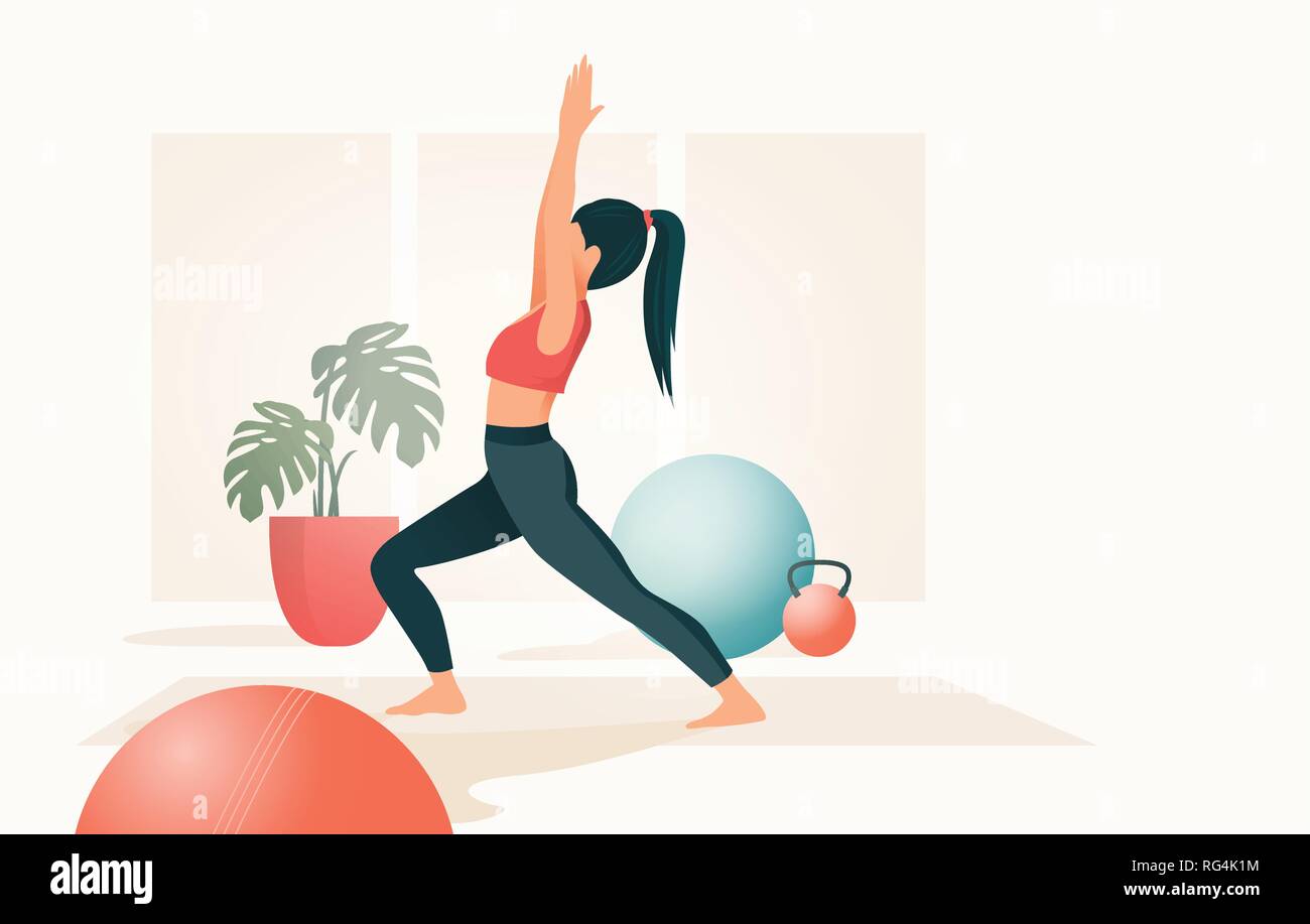 Una giovane donna in un fitness studio la pratica dello yoga, persone illustrazione vettoriale Illustrazione Vettoriale