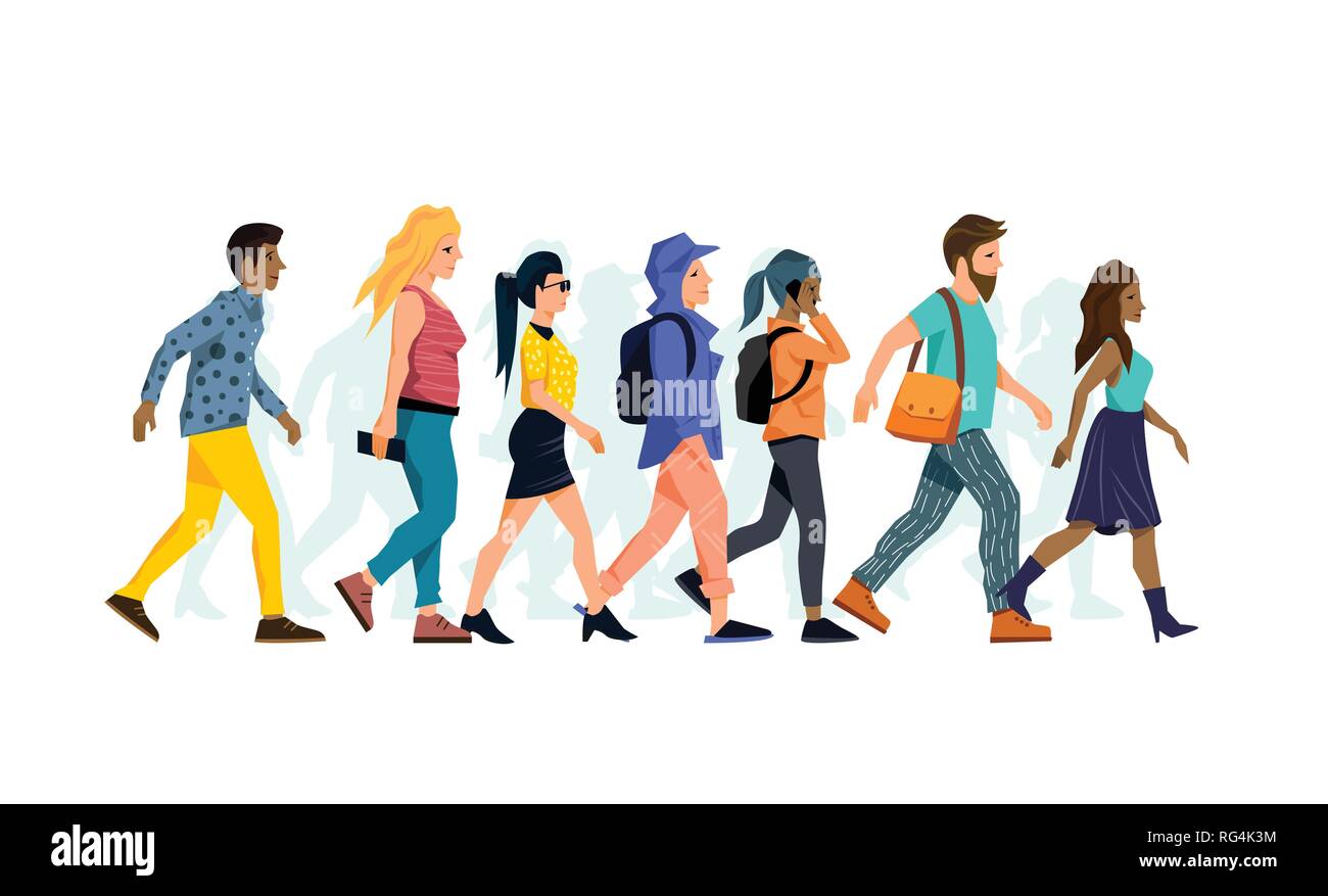 Un gruppo di diverse persone di carattere camminare insieme. Illustrazione Vettoriale. Illustrazione Vettoriale