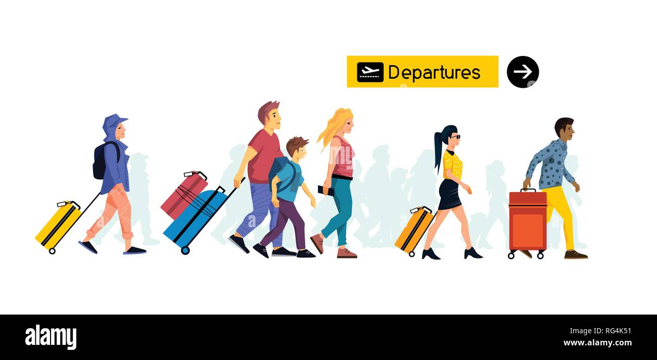 Gruppi di persone con amici e membri della famiglia che viaggiano attraverso il terminal di un aeroporto con le valigie e bagagli a mano per viaggi di piacere e di affari. Il vettore Illustrazione Vettoriale