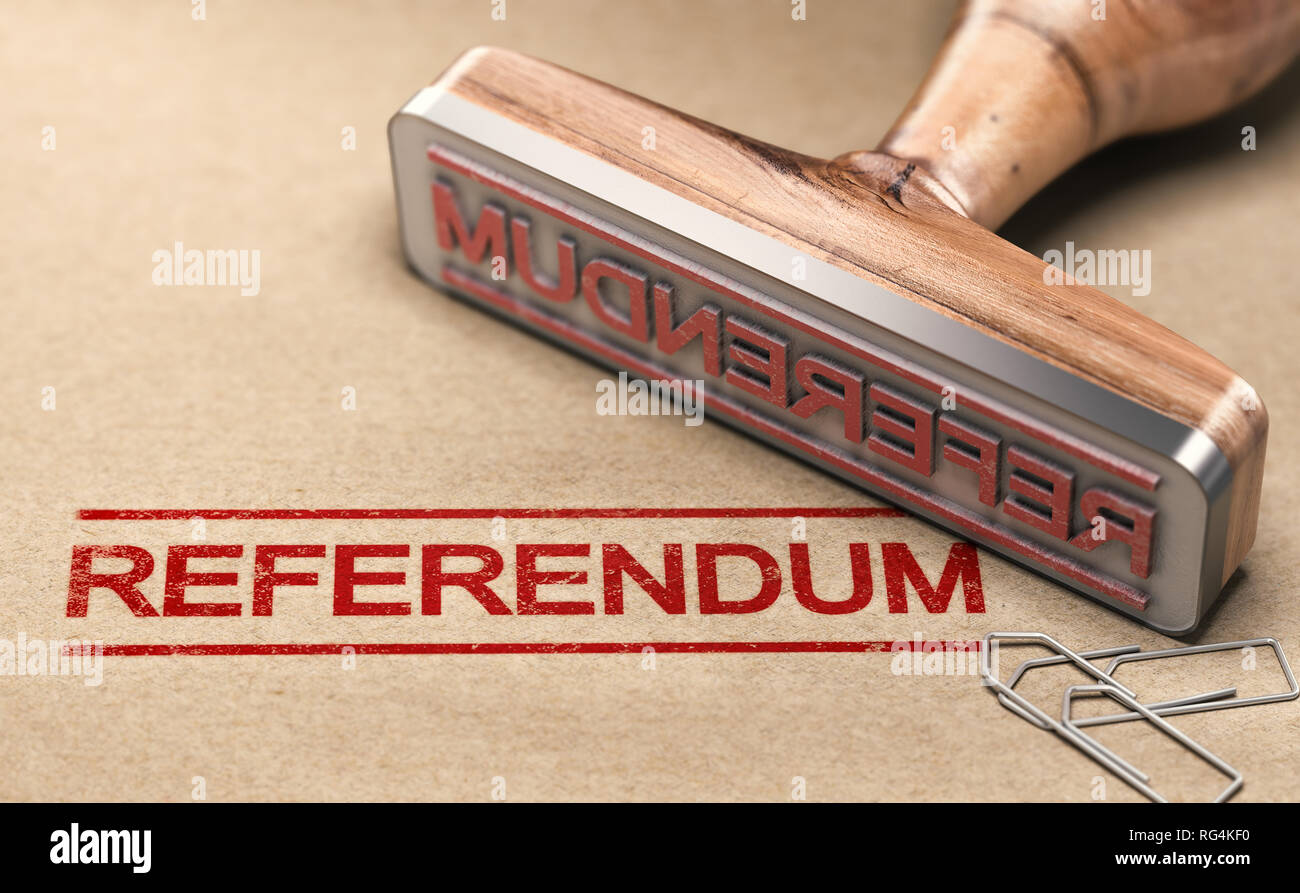 3D illustrazione di un timbro di gomma con il referendum di testo stampato su sfondo della carta Foto Stock