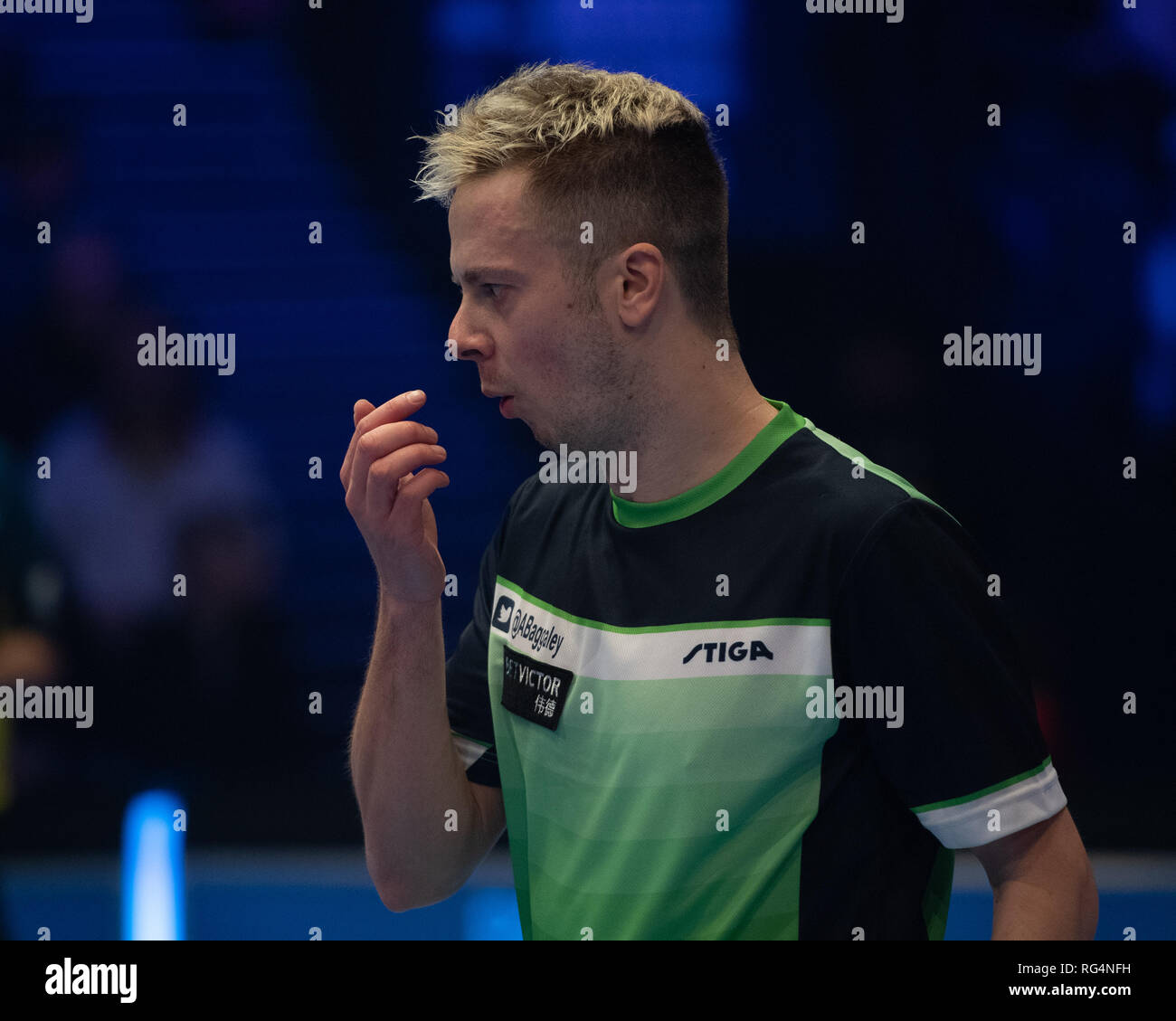 Londra, Regno Unito. 27 gennaio, 2019. Andrew Baggaley (ITA) contro Wang Shibo (CHN) in Finale Betvictor durante il Campionato del Mondo di Ping Pong - 2019 tournament - ultimi 16 knockout stage presso Alexander Palace di Domenica, 27 gennaio 2019. Londra Inghilterra. (Solo uso editoriale, è richiesta una licenza per uso commerciale. Nessun uso in scommesse, giochi o un singolo giocatore/club/league pubblicazioni.) Credito: Taka G Wu/Alamy News Credito: Taka Wu/Alamy Live News Foto Stock