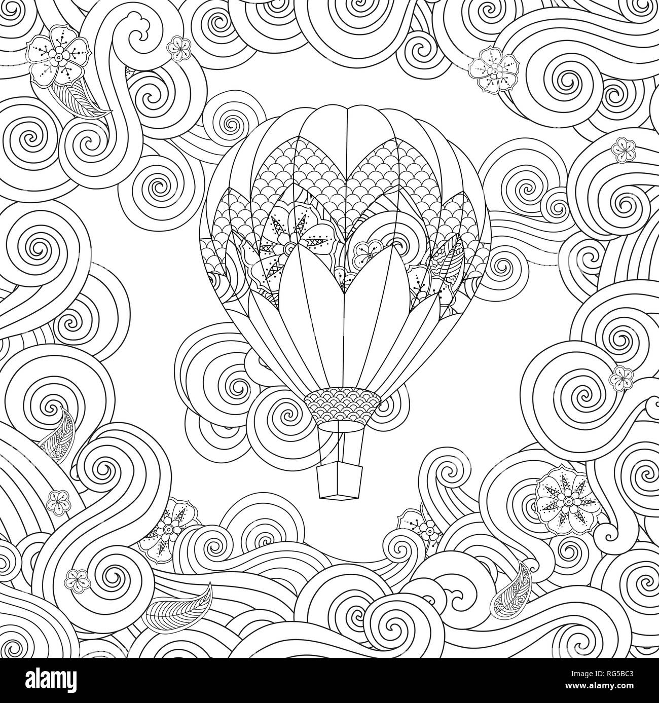 Mongolfiera in zentangle ispirato doodle style isolato su bianco. Libro da colorare pagina per pazienti adulti e bambini di età superiore. Illustrazione Vettoriale