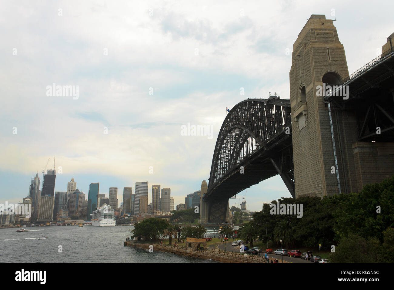 Sydney Harbour Bridge da Bradfield Park, North Sydney, Sydney, Nuovo Galles del Sud, Australia Foto Stock