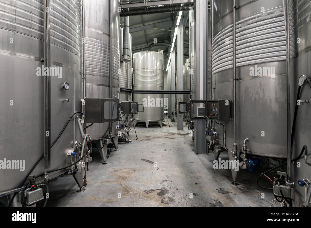 Moderna cantina interno con serbatoi di alluminio con il sistema a raffreddamento temporizzato Foto Stock