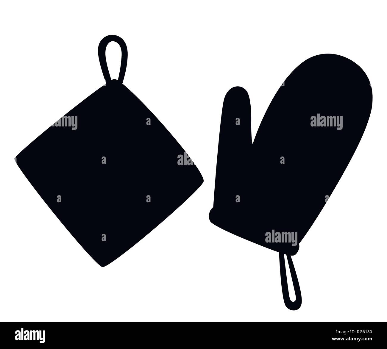 Silhouette nera. Potholder e presina. Tessuto protettivo panno di tessuto con disegno quadrato. Piatto illustrazione vettore isolato su sfondo bianco. Illustrazione Vettoriale