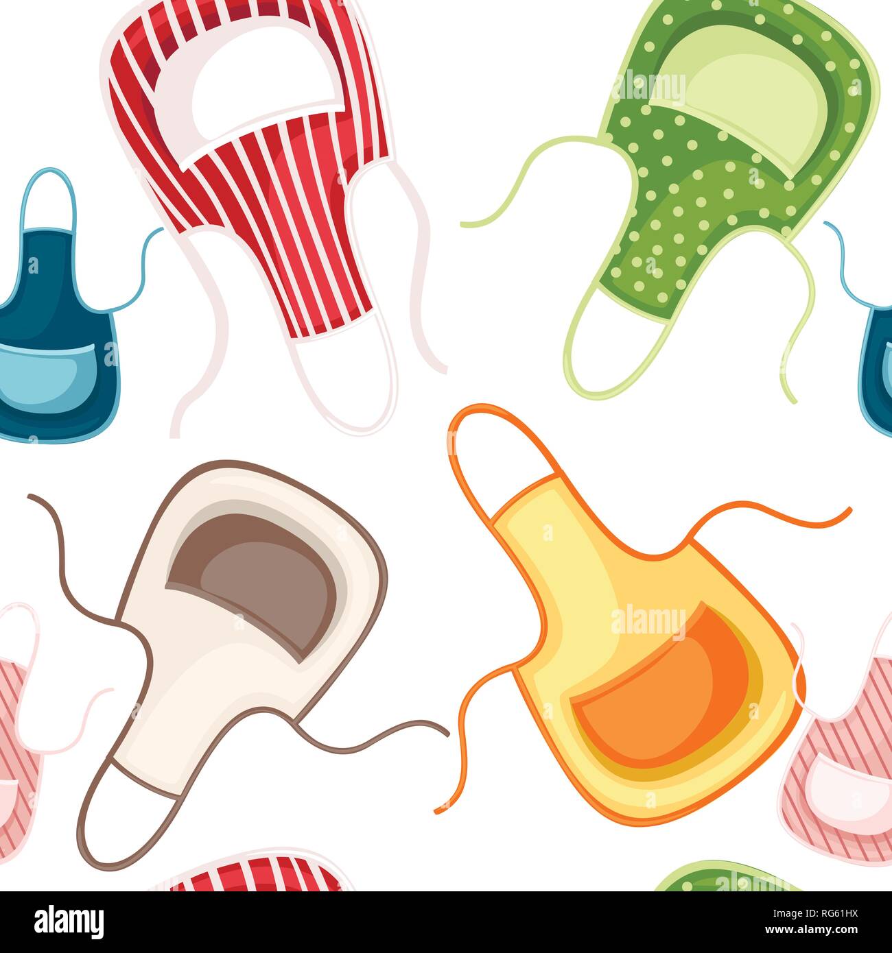 Modello senza giunture. Set di colorate Grembiule da cucina. Cartoon stile piatto illustrazione su sfondo bianco. Illustrazione Vettoriale