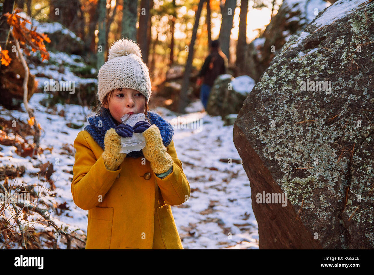 Ragazza in piedi nella foresta di mangiare un pezzo di ghiaccio, Stati Uniti Foto Stock