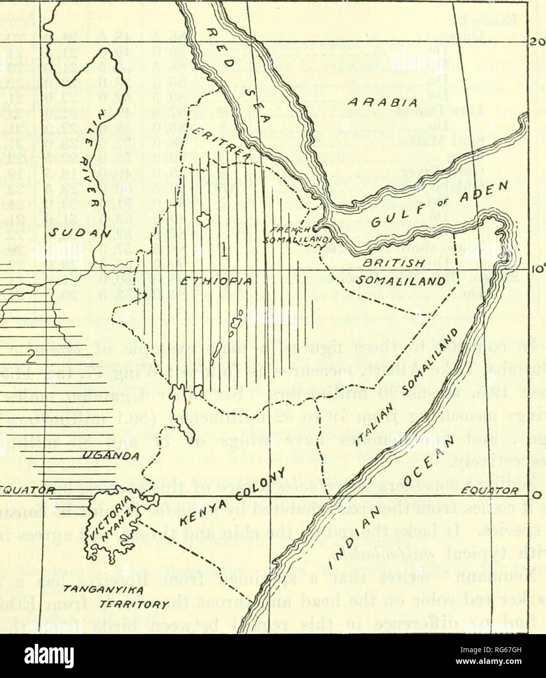 . Bollettino - Stati Uniti Museo Nazionale. La scienza. Gli uccelli di Etiopia e Kenya COLONY 435 che egli è " * * * perfettamente soddisfatti che questo è un buon sub- specie * * *". Aveva 10 Uganda uccelli e 9 Uganda spec- imens visto da me portare fuori le sue osservazioni. Le gamme delle due forme sono come segue: 20. eOUATCft troppo 2.0O 30O &lt;-oo Soo Acari - Scala- Figura 15.-Distribuzione di Lybius giifsobalito NORTHEASTKitx in Africa : 1, Lybius guifsobalito guifsobalito ; 2, Lybius guipsobalito ugandab 1. L. g. gulfsohallto.-Bogosland, southwestern Eritrea ed Etiopia (tranne il southe Foto Stock