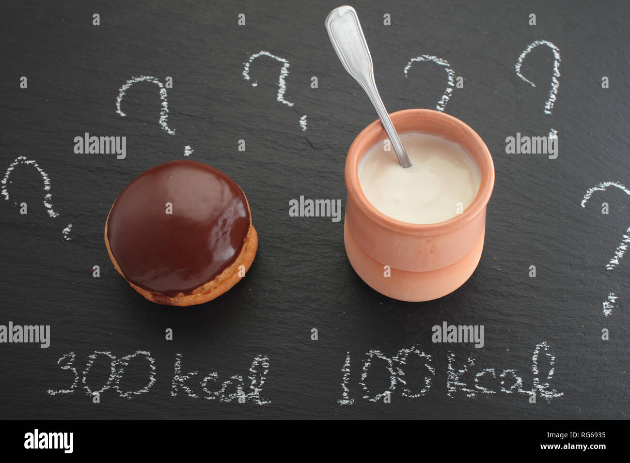 Il conteggio delle calorie concetto, la torta al cioccolato e il vasetto di yogurt con etichette di calorie Foto Stock