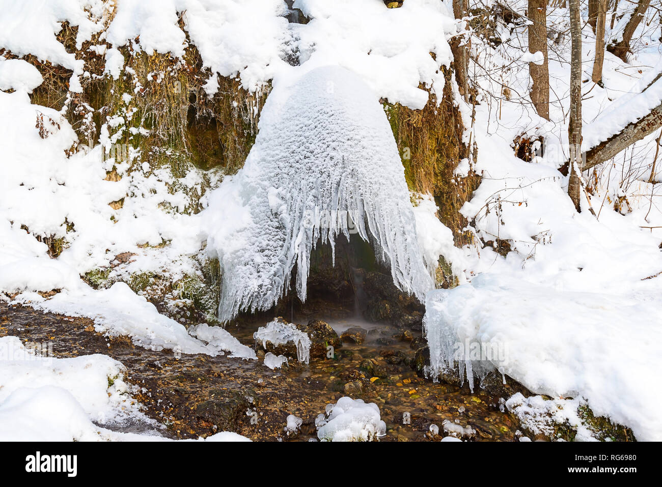 Una piccola cascata in un bosco selvatico, una calotta di ghiaccio con ghiaccioli formata al di sopra di esso, neve intorno e un po' di erba vecchia Foto Stock
