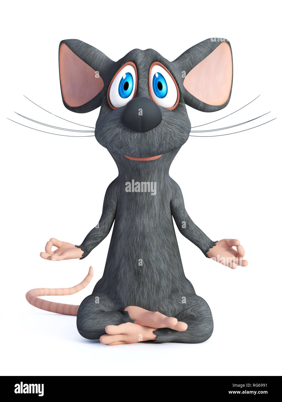 3D rendering di un cartoon mouse fare yoga, seduti in un loto posano con le mani in una Chin Mudra pongono. Sfondo bianco. Foto Stock