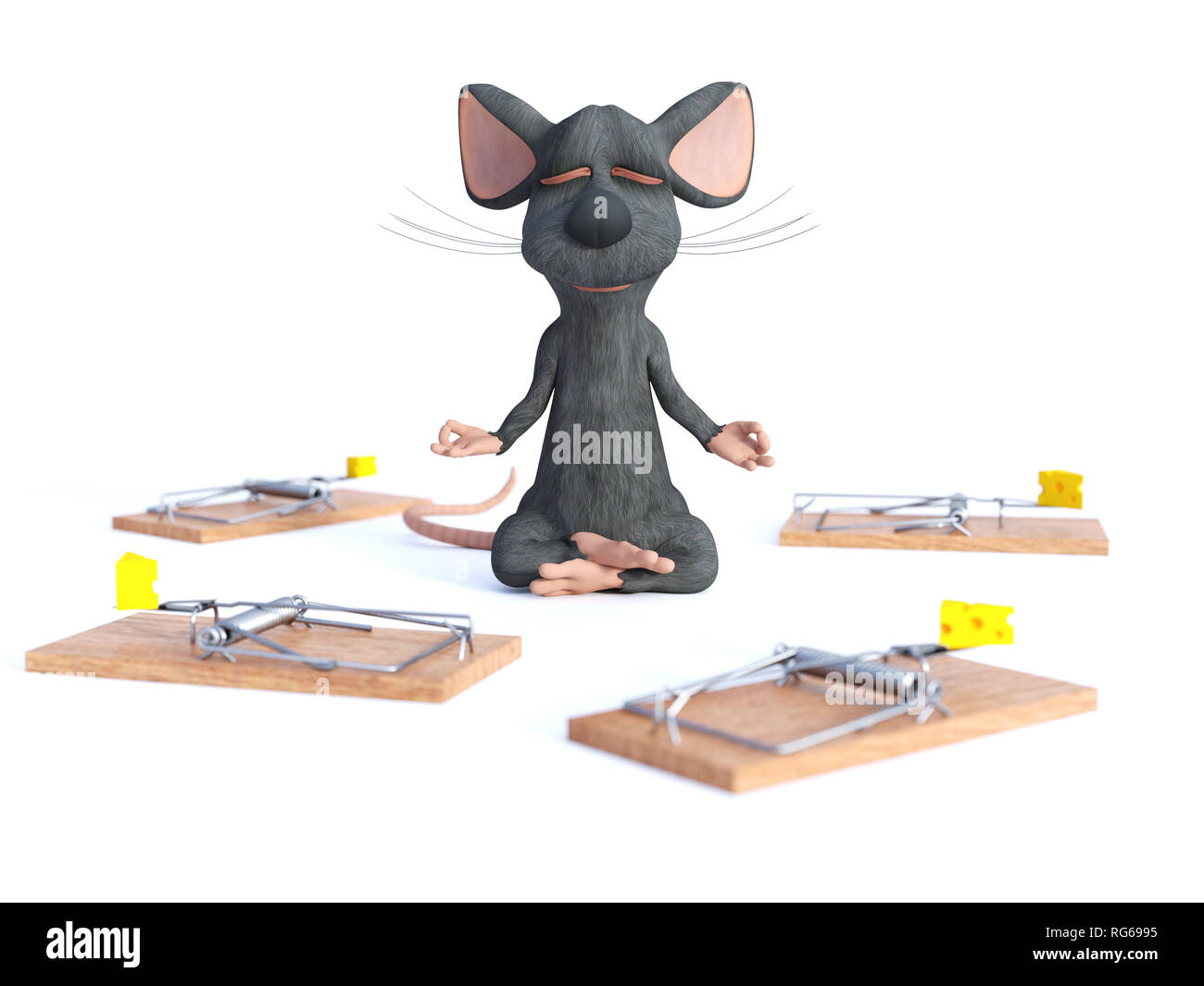 3D rendering di un cartoon mouse fare yoga, seduti in un loto posano con le mani in una Chin Mudra pongono e meditando con i suoi occhi chiusi circondato da Foto Stock