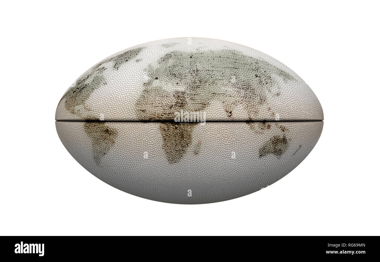 Una carta bianca comune e nuova trama palla da rugby con residui di sporco su di esso raffigurante una mappa del mondo su un isolato sfondo bianco - 3D render Foto Stock