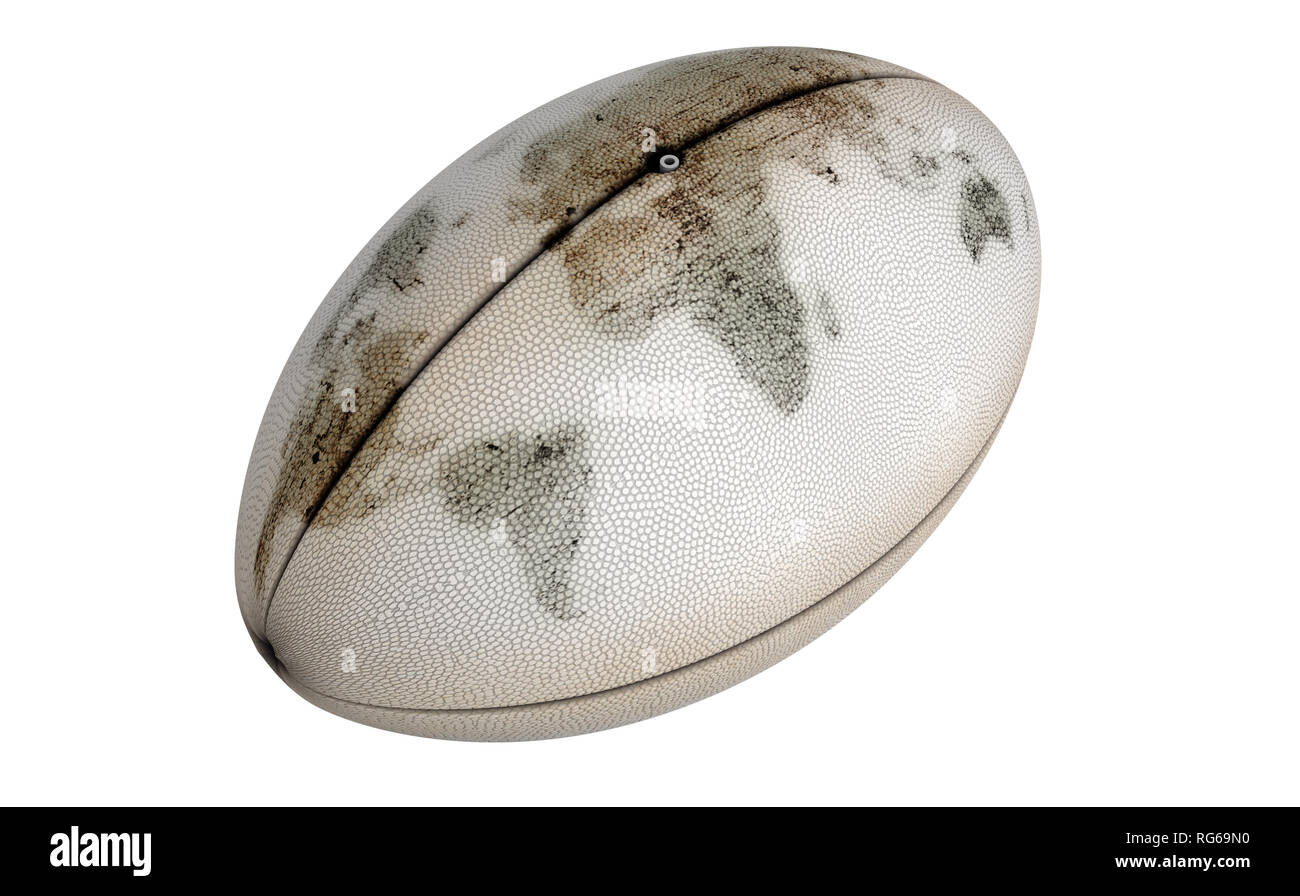 Una carta bianca comune e nuova trama palla da rugby con residui di sporco su di esso raffigurante una mappa del mondo su un isolato sfondo bianco - 3D render Foto Stock