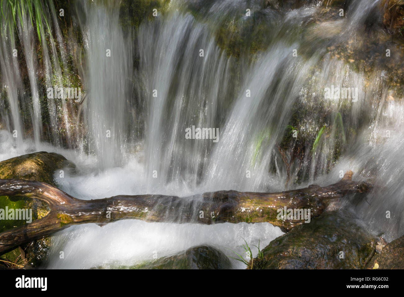 L'acqua che cade tra le rocce della foresta. Una piccola cascata Foto Stock