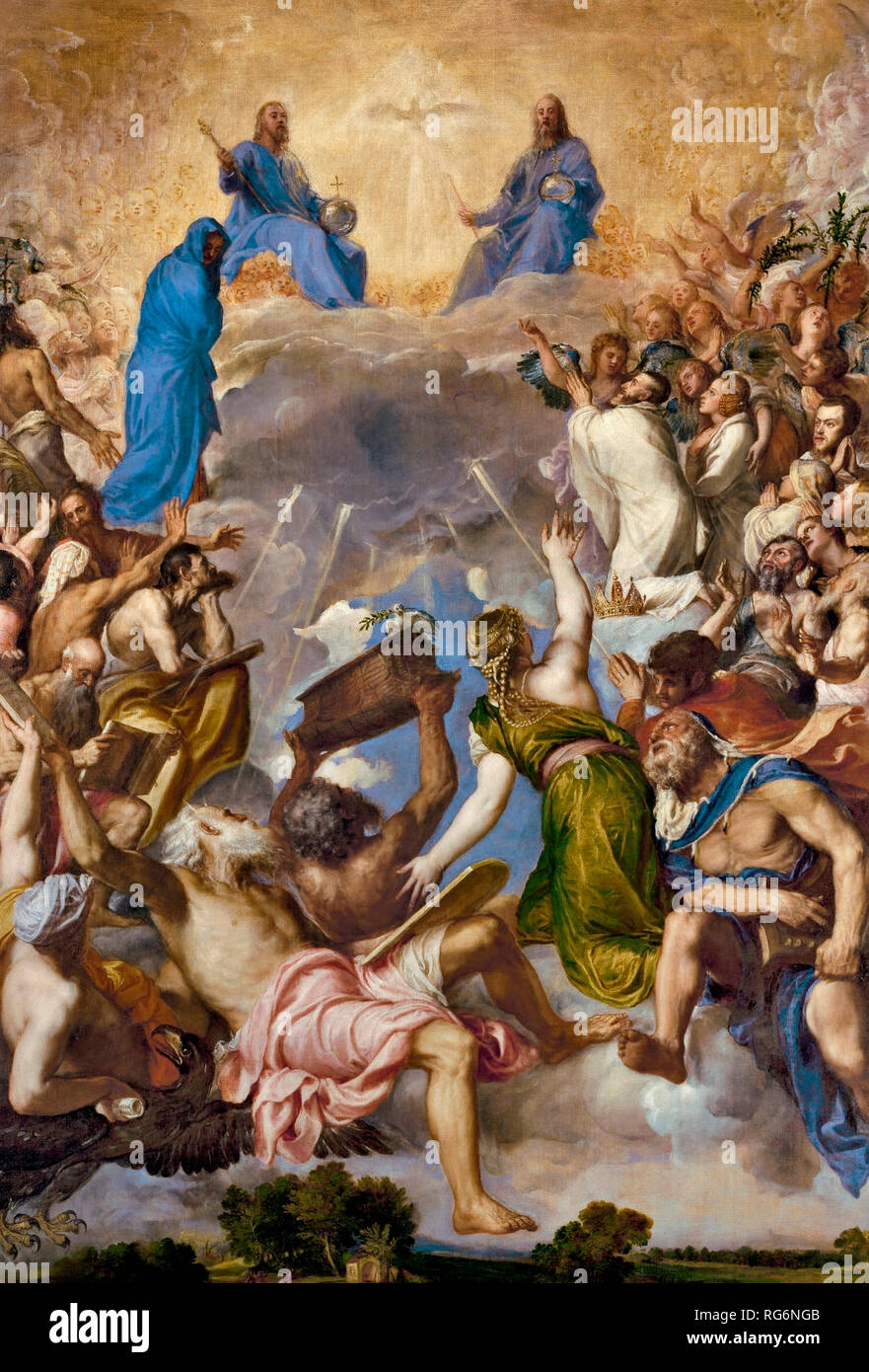 Il lavoro rappresenta i tre membri del Santo La Gloria - Trinità insieme con altri caratteri, come la Vergine Maria, l'imperatore Carlo I di Spagna, l'Imperatrice Elisabetta di Portogallo e il re Filippo II di Spagna. Tiziano, circa 1533 Foto Stock