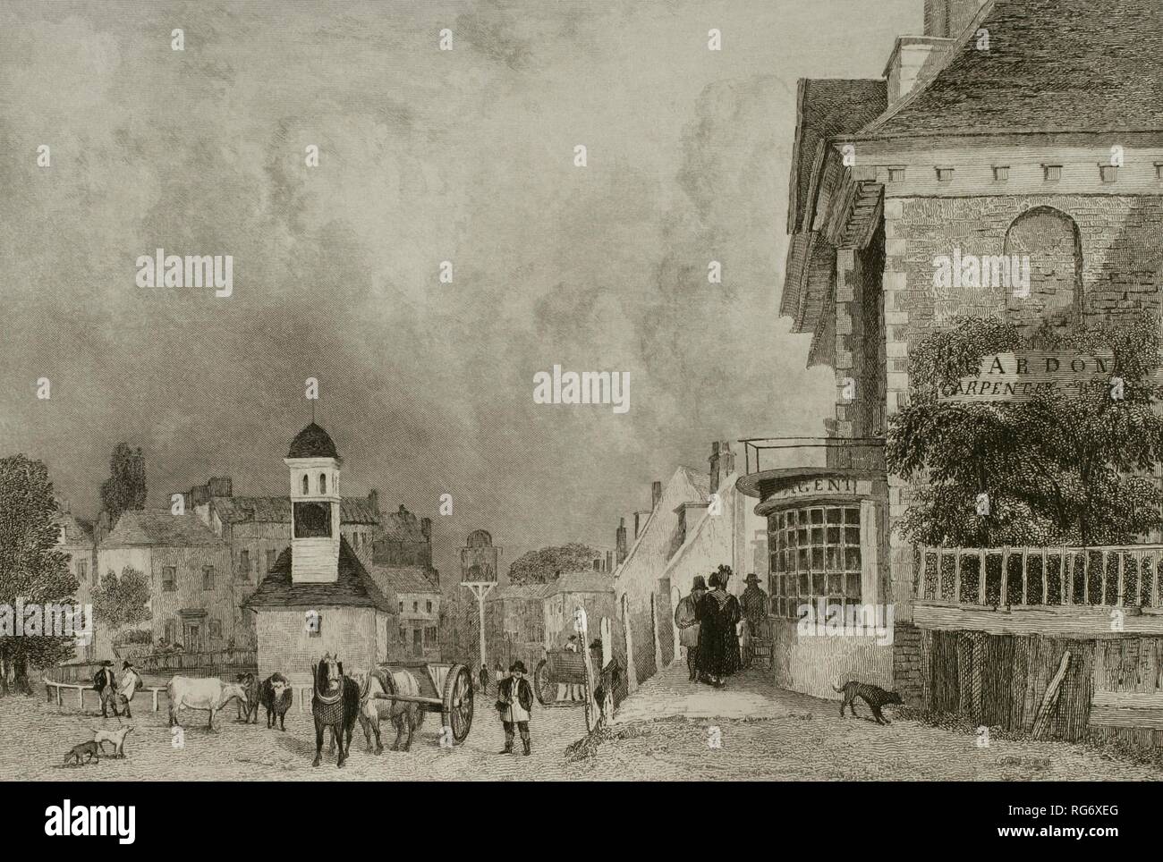 Reino Unido. Inglaterra. Epsom, condado de Surrey. Grabado por William Hensha (1774-1843). Dibujo por J. W. Allen. "Di Londra e dintorni", h. 1849 (Londres y sus Alrededores). Biblioteca Histórico Militar de Barcelona, Cataluña, España. Foto Stock