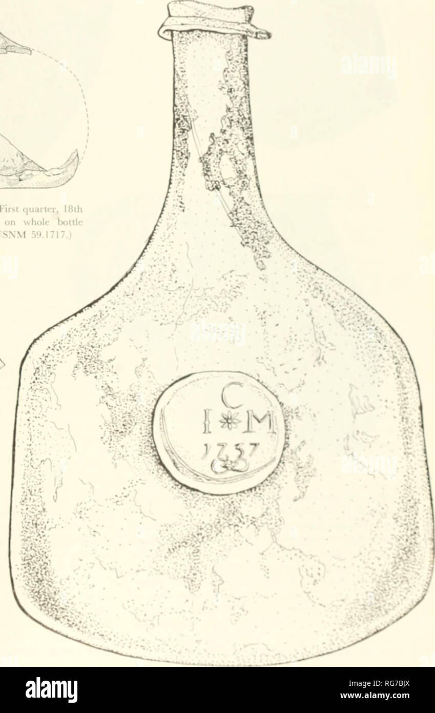 . Bollettino - Stati Uniti Museo Nazionale. La scienza. Illustrazione 36.âAbove, beveraije- lx)ltle guarnizione, con le iniziali di Giovanni am! Fldthcrine Mercer, matchini; th' tolwcco-botte marchio utilizzato per tobaci â ijrown presso la "casa plantation (.Marlborough), sec figure 8 e 79. Stesse dimensioni, (USNM 59.1689.) llliisir.Kinn 37.â.l di ni;hi, completare l)everai{e bottiglia d.ited 1737, con le iniziali di .John e Catherine .Mercer (fig. 78). Samesi/r I&GT;nI .59.1688.). 147. Si prega di notare che queste immagini vengono estratte dalla pagina sottoposta a scansione di immagini che possono essere state migliorate digitalmente per la leggibilità - colorazione e Foto Stock