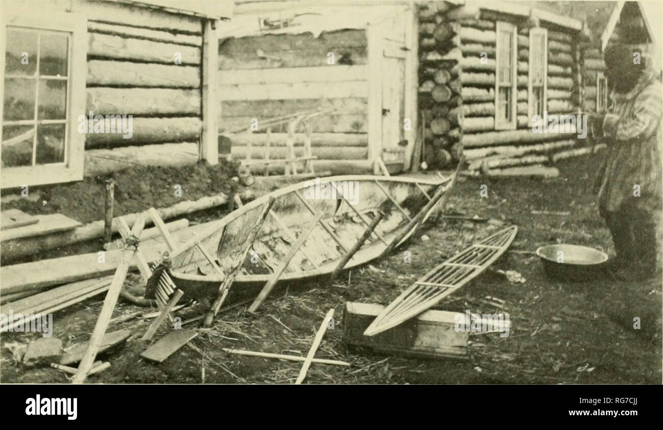 . Bollettino - Stati Uniti Museo Nazionale. La scienza. Costruzione di Canoa Kayak-Form del basso Yukon, mostra rigido telaio inferiore. {Smithsonian Institution foto.) il kayak e canoe forin del basso Yukon e ruscelli vicini tutti sembrano essere state piccole canoe a misura del loro proprietario peso e altezza: 14 a 5 metri di lunghezza complessiva, da 2 a 2^4 piedi largo e 10 a 12 cm di profondità. Il telaio inferiore è stata da 12 a 14 pollici di larghezza a mezza nave. Il kayak e canoe di forma della parte superiore della valle dello Yukon e quelli utilizzati in British Columbia settentrionale e nel territorio dello Yukon aveva termina con una lunga Foto Stock