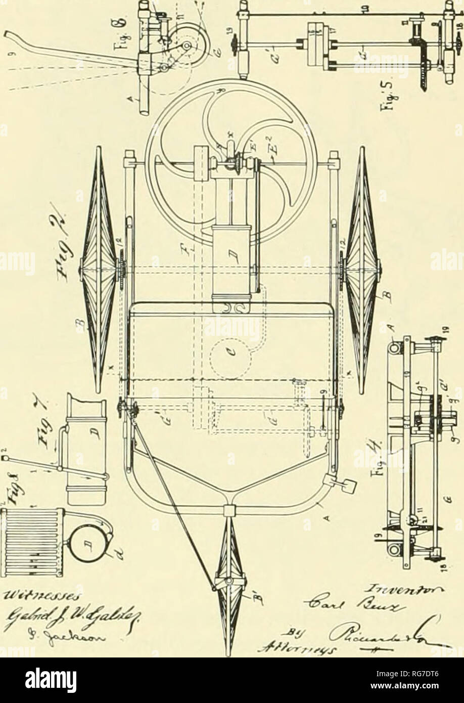 . Bollettino - Stati Uniti Museo Nazionale. La scienza. C. BENZ. Auto PROPELLINO VEICOLO. La tecnologia brevettata Giugno 26, 18. Figura 9.-illustrazione dal brevetto USA 385087, rilasciato a Carl Benz, mostrando il piano orizzontale del volano, una funzione utilizzata dal Durycas nella loro macchina. Il primo record contemporaneo di qualsiasi lavoro su veicoli è un disegno di legge, datata 21 gennaio 1892, per un disegno realizzato da George W. Howard & l'azienda. Questo disegno è stato realizzato in autunno del 1891 da Charles A. Bartlett, membro dell'impresa di Howard e un vicino di Charles Duryea, secondo una dichiarazione da Charles in automobile Foto Stock