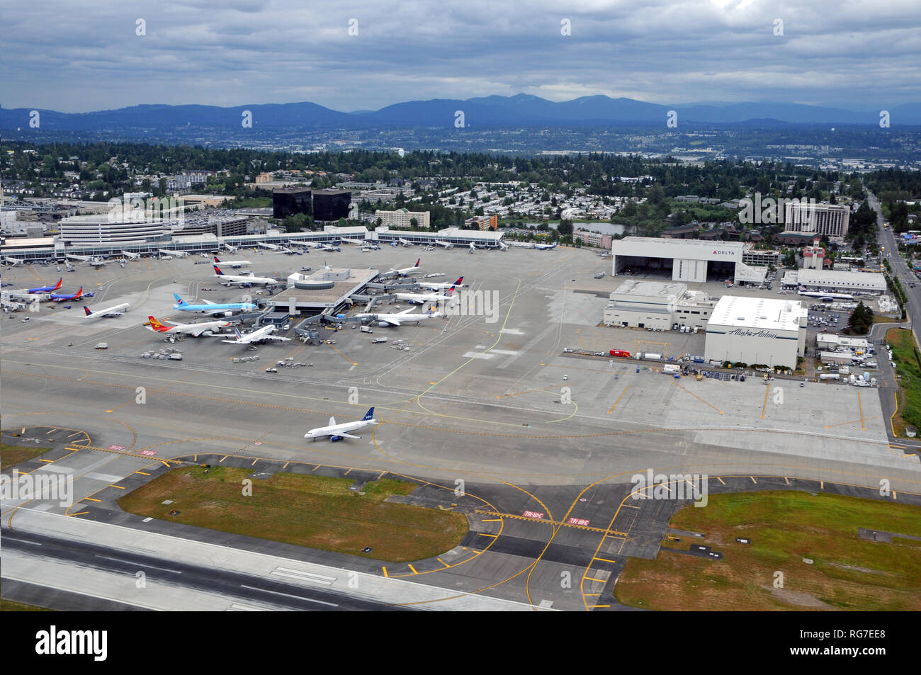 Vista aerea sull'aeroporto di Seattle, Washington, Stati Uniti d'America Foto Stock