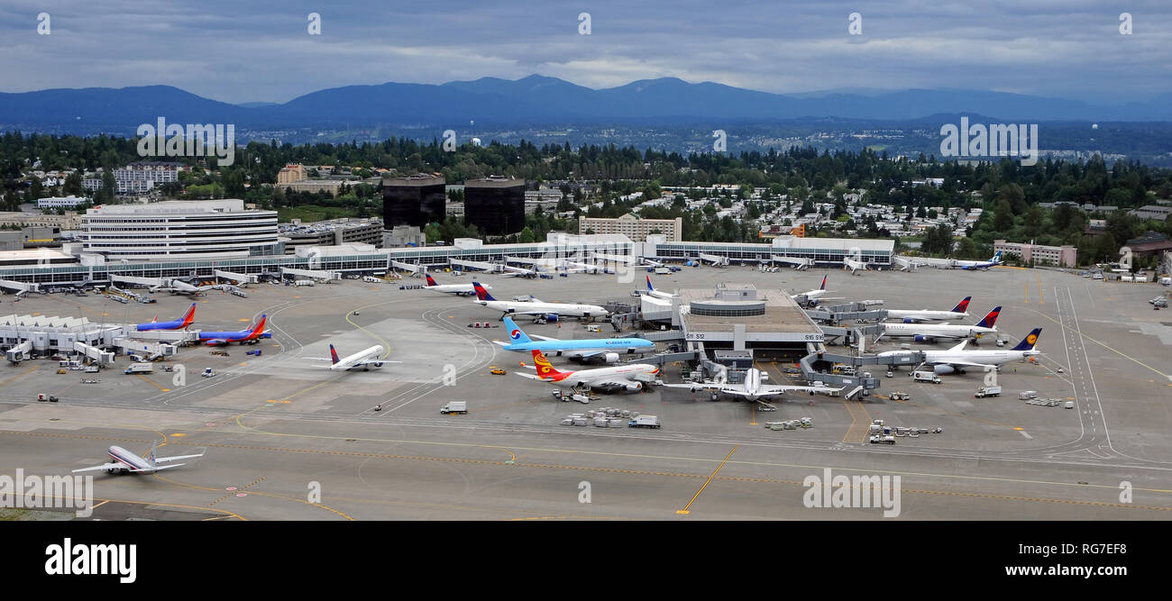 Vista aerea sull'aeroporto di Seattle, Washington, Stati Uniti d'America Foto Stock