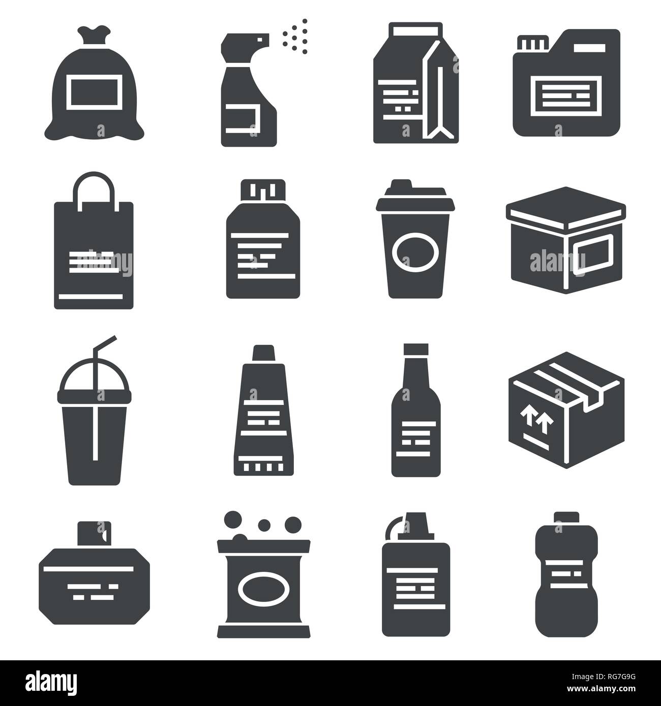 Imballaggio, set di icone. Per il confezionamento di prodotti e materiali, illustrazione vettoriale. Vasi, flaconi e contenitori Illustrazione Vettoriale