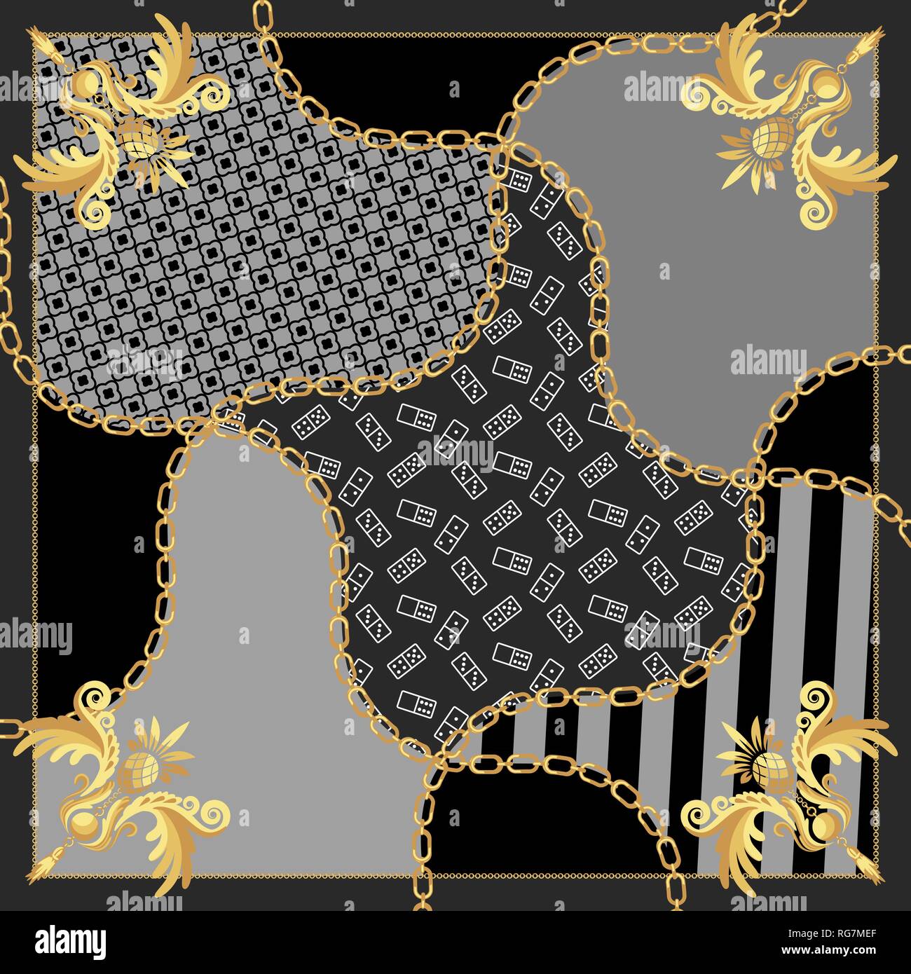 Foulard di seta catene oro vintage design barocco vettore. Illustrazione Vettoriale