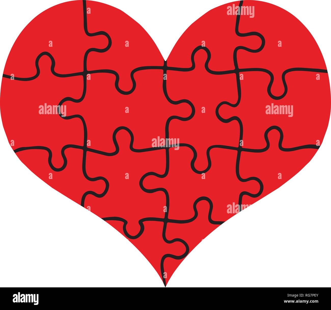 Cuore rosso assemblato di pezzi di un puzzle isolati su sfondo bianco. L'amore, del matrimonio, della carità. Design piatto. Seghetto alternativo con tutti i pezzi messi insieme formando B Illustrazione Vettoriale