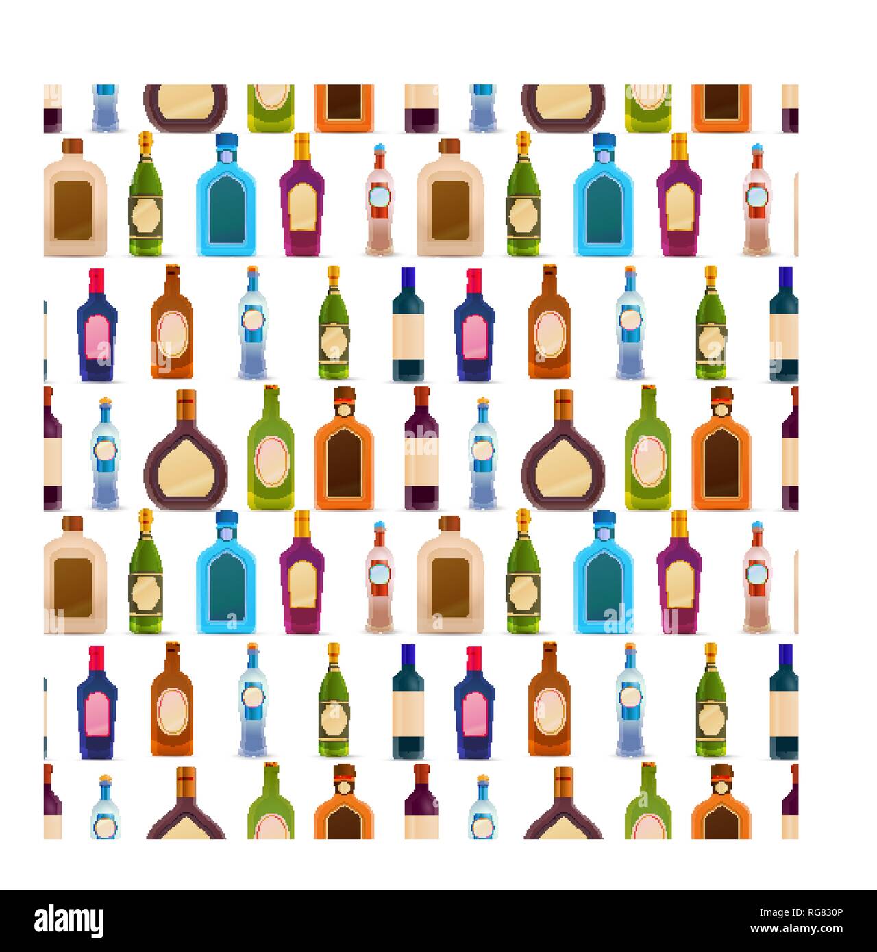 Un sacco di diverse bottiglie di lucida con alcool in una fila su bianco, modello senza giunture Illustrazione Vettoriale