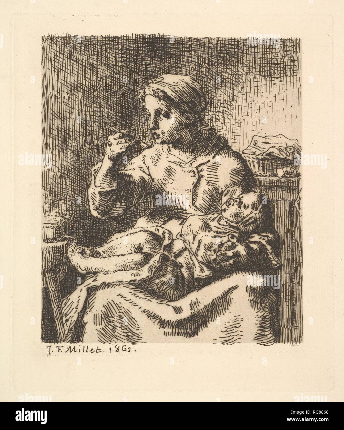 Il raffreddamento del porridge. Artista: Jean-François Millet (Francese, 1814-1875 Gruchy Barbizon). Dimensioni: piastra: 7 5/16 x 6 5/16 in. (18,5 x 16 cm) foglio: 11 x 7 3/8 in. (28 x 18,8 cm). Data: 1861. Museo: Metropolitan Museum of Art di New York, Stati Uniti d'America. Foto Stock