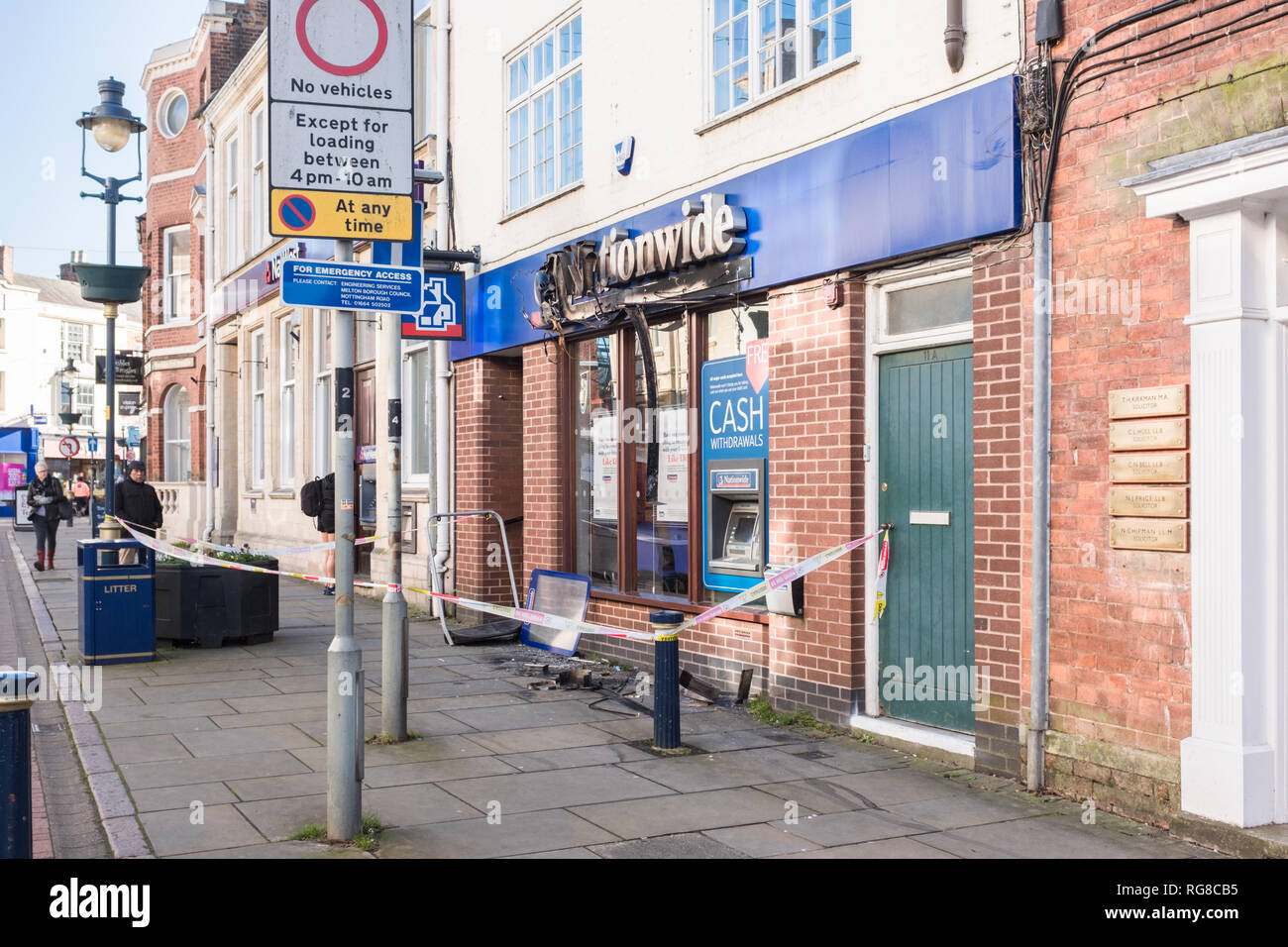 High Street, melton mowbray, leicestershire, Inghilterra, Regno Unito. Il 28 gennaio 2019. Incendio distrugge Nationwide Building Society facciata e segno. Foto Stock