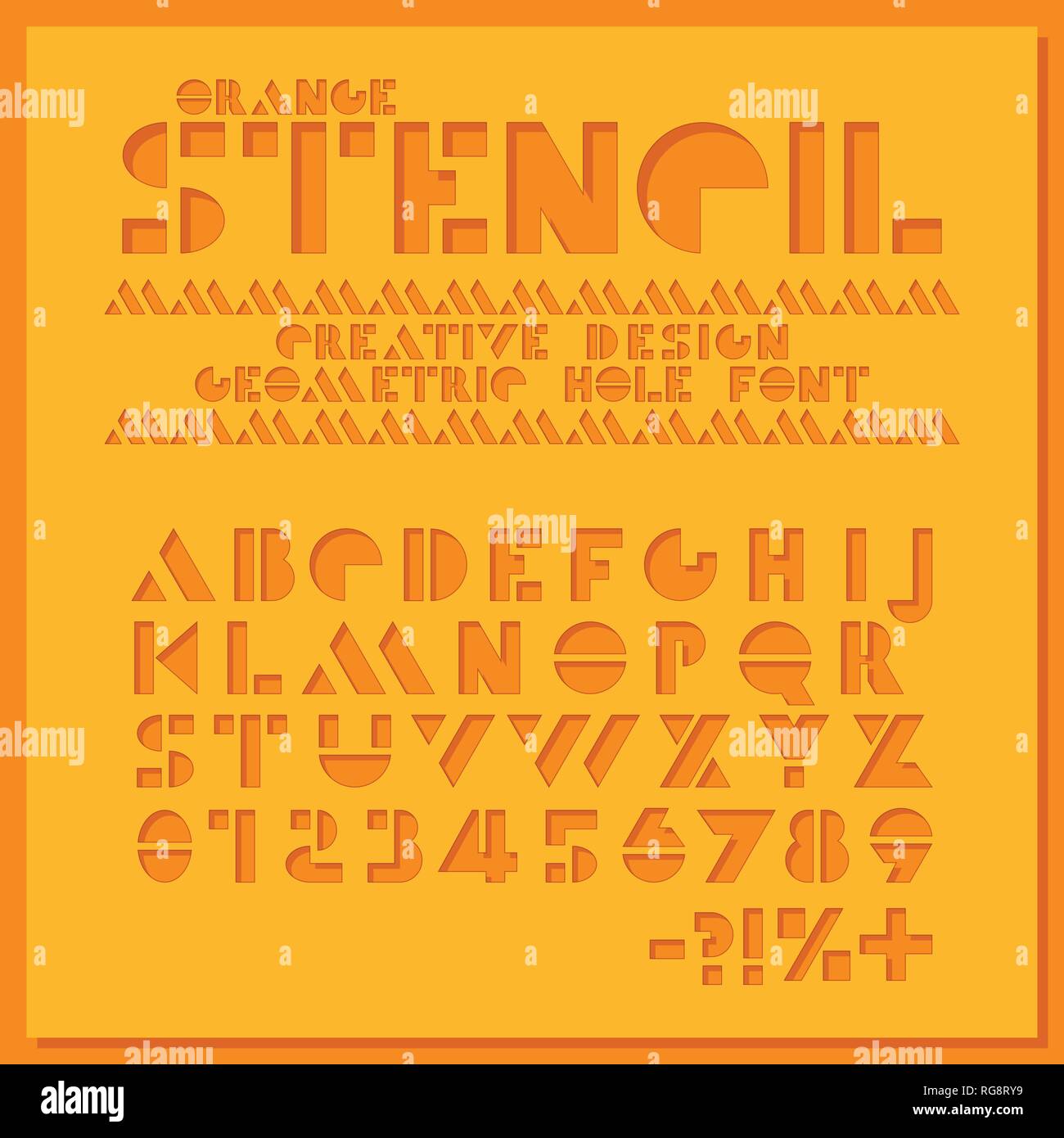 Orange stencil font geometrico. Carta a colori cut tipografico alfabeto. Foro lettere e numeri sans serif. Il design creativo. Illustrazione Vettoriale