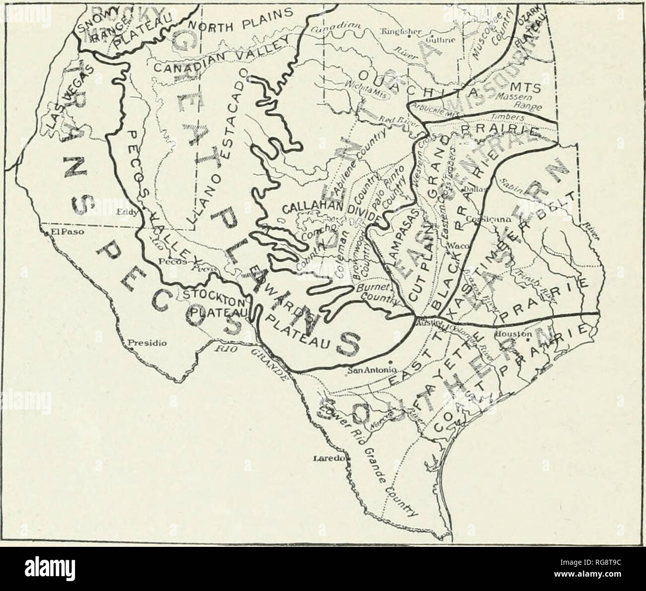 . Bollettino - Stati Uniti Museo Nazionale. La scienza. 60 bollettino 61, STATI UNITI MUSEO NAZIONALE. iiK^ridian. Come qui definito, la prateria regione pianure inchides "provincia centrale" della collina e la striscia di prateria che si estende a sud da Austin al Rio Grande pianura. Il Rio Grande Pianura, come noi usiamo il termine, è sinonimo di "abbassamento Rio Grande Paese" di Hill (vedere fig. 21). A est della parte anteriore orientale varia, il Texas occidentale Regione discende dalla altopiani confinanti con il Rocky ][ountains nel New Mexico settentrionale b}" di una serie di ampie pianure un Foto Stock