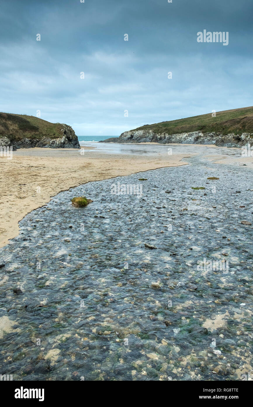 Un piccolo fiume che scorre attraverso la spiaggia con la bassa marea presso l'appartato Polly Porth scherzo cove in Newquay Cornwall. Foto Stock