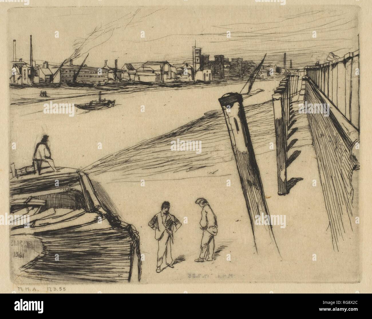 Millbank. Artista: James McNeill Whistler (American, Lowell Massachusetts 1834-1903 Londra). Dimensioni: Piastra: 3 7/8 × 4 15/16 in. (9,8 × 12,6 cm) foglio: 6 1/2 x 7 1/4 in. (16,5 x 18,4 cm). Serie/Portfolio: Thames Set ("Una serie di sedici incisioni di scene del Tamigi e altri soggetti" 1871). Data: 1861. Bruscamente sfuggente posti di ormeggio e di un argine alto a destra di orientare il nostro occhio verso depositi distanti e una chiesa a Lambeth, sulla riva sud del Tamigi. Questo effetto, insieme con la forma ritagliata di una massiccia barge in basso a sinistra e assetto balza in primo piano, echo dev Foto Stock