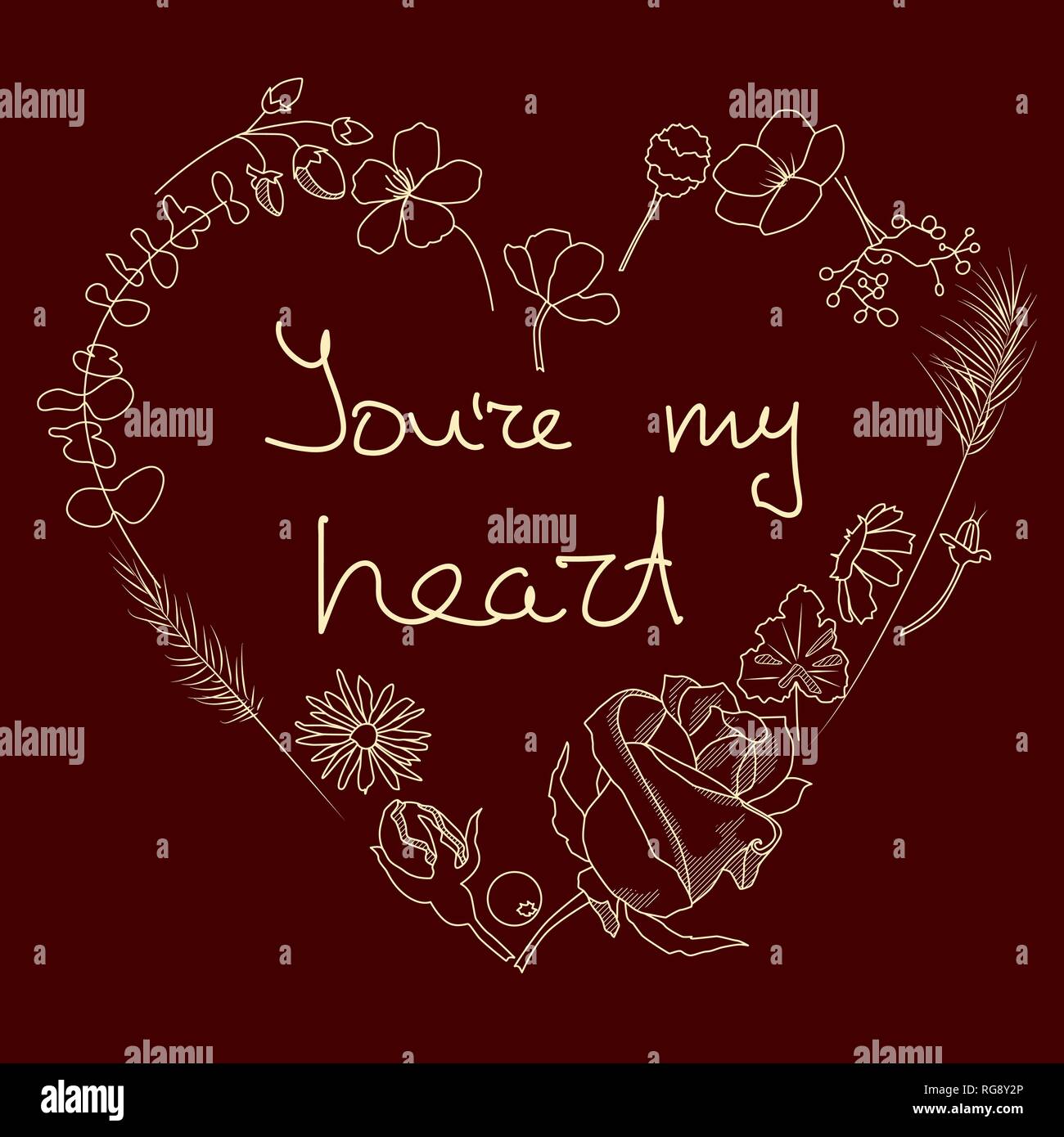 Cornice floreale con caratteri "Tu sei il mio cuore", illustrazione vettoriale Illustrazione Vettoriale
