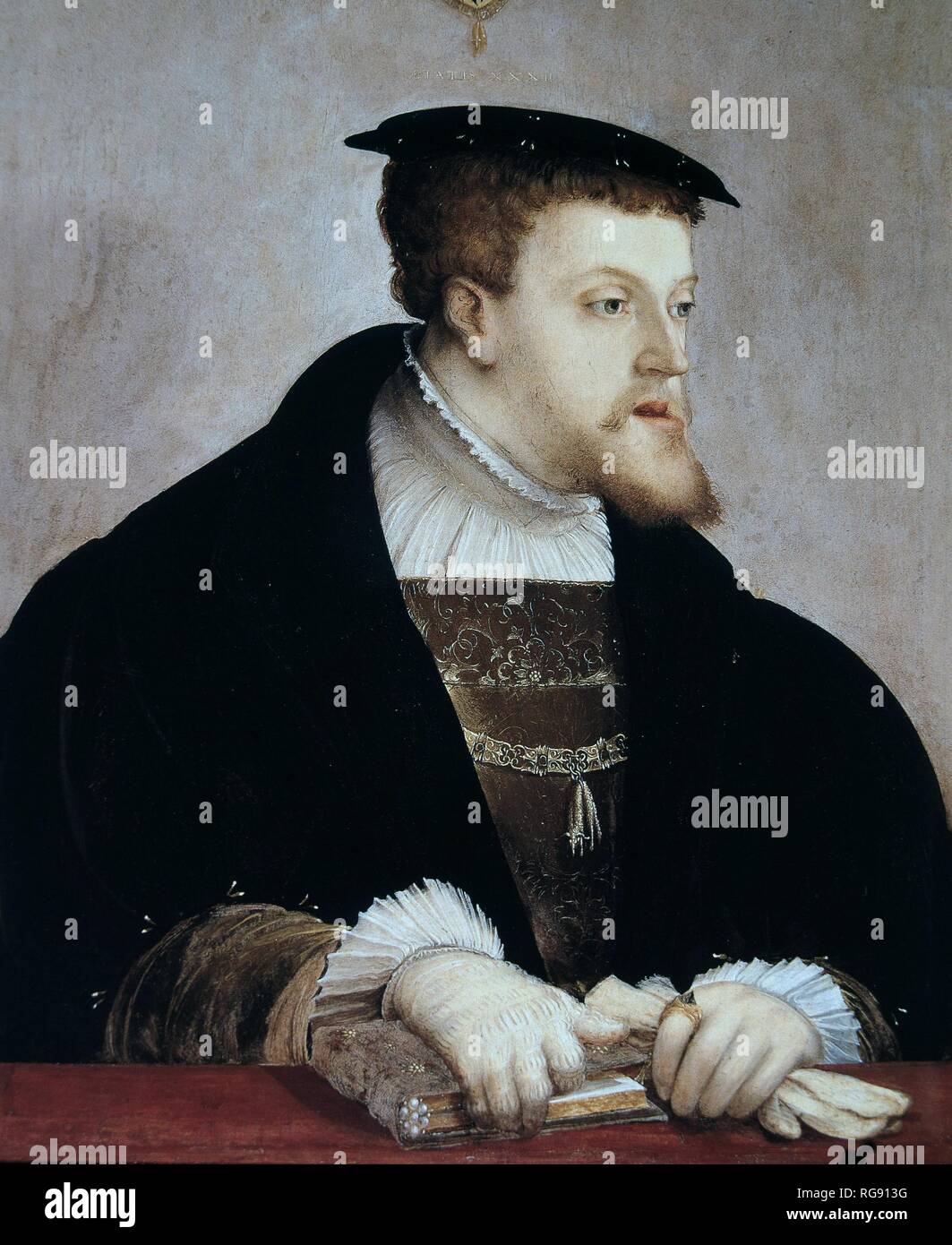 CARLOS I (V DE ALEMANIA) REY DE ESPAÑA. 1500-1585 RETRATO POR CHRISTOPH AMBERGER , hacia el año 1532 REPRODUCCION DE FASCIMIL. Autore: AMBERGER, CRISTOPH (1500-1561). Foto Stock
