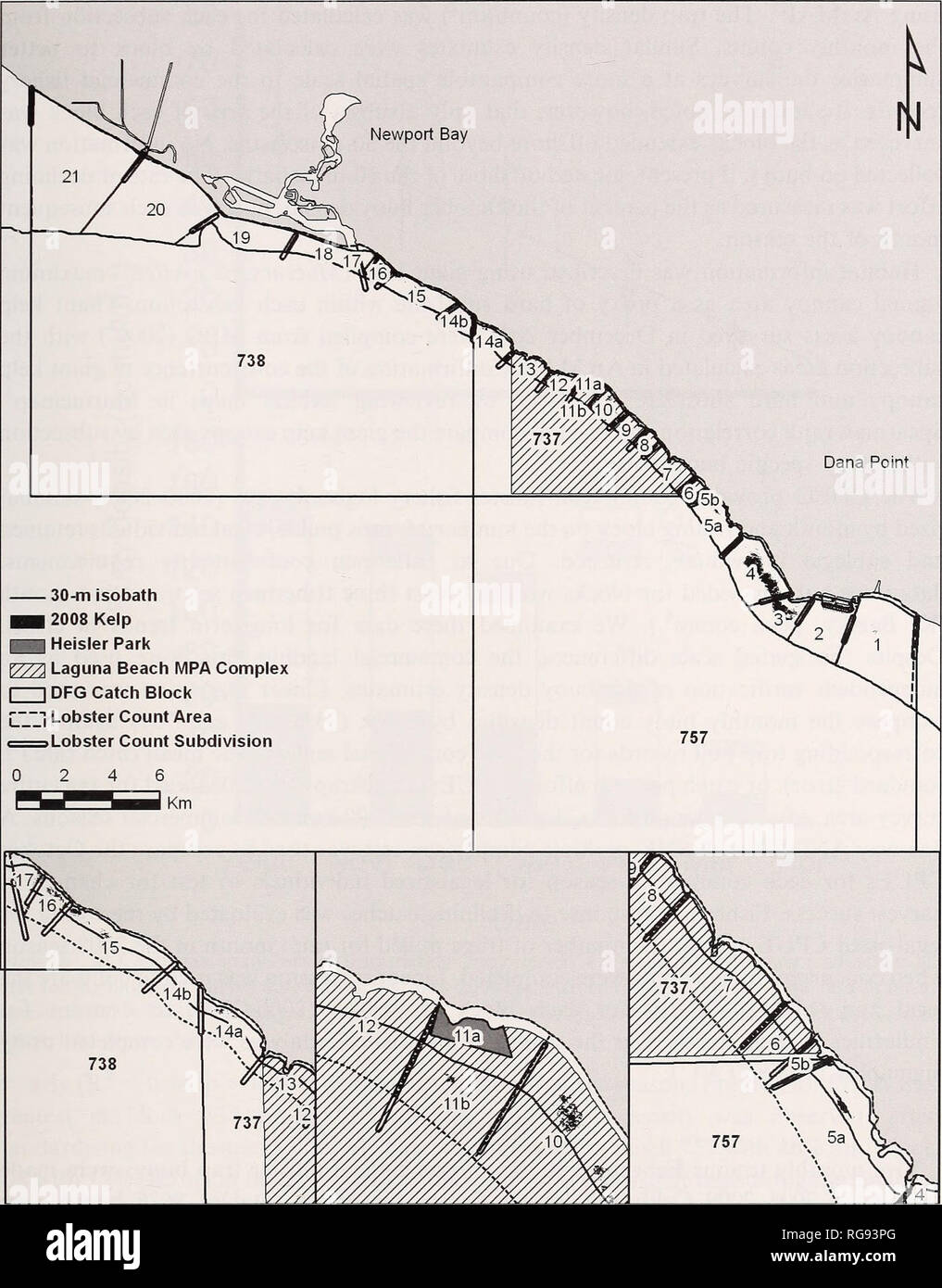 . Bollettino - il sud dell'Accademia delle Scienze della California. La scienza. ORANGE COUNTY ARAGOSTA COMMERCIALE DI SFORZO DI PESCA 167. Fig. 1. Mappa della zona di studio tra cui tutti e tre i blocchi catch (757, 738, e 737) e le sottosezioni delineata per lo studio attuale, Heisler Park di non prendere la riserva marina (11a), e la Laguna Beach MPA complesso che comprende la Laguna Beach Stato riserva marina e la Laguna Beach Stato Conservazione Marina Area. Il verificarsi e la distribuzione spaziale del gigante kelp tettoia mappato durante le rilevazioni aeree nel 2008 sono inoltre raffigurato. circa 62 km di litorale lineare. Ogni Foto Stock