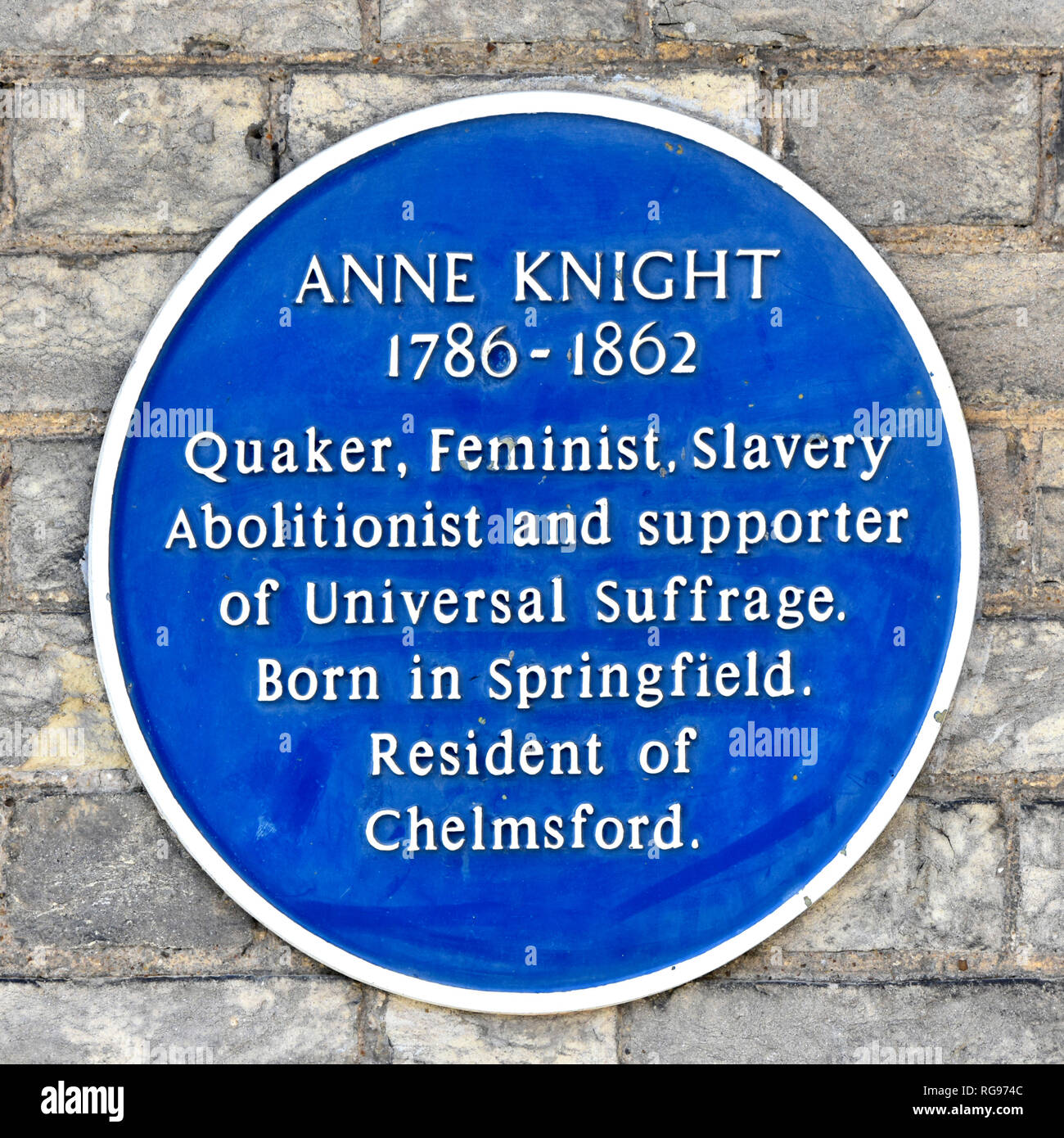 La fama di Anne Knight notato sulla targa blu come famoso Quaker schiavitù femminista verità & sostenitore del suffragio universale Chelmsford Essex England Regno Unito Foto Stock