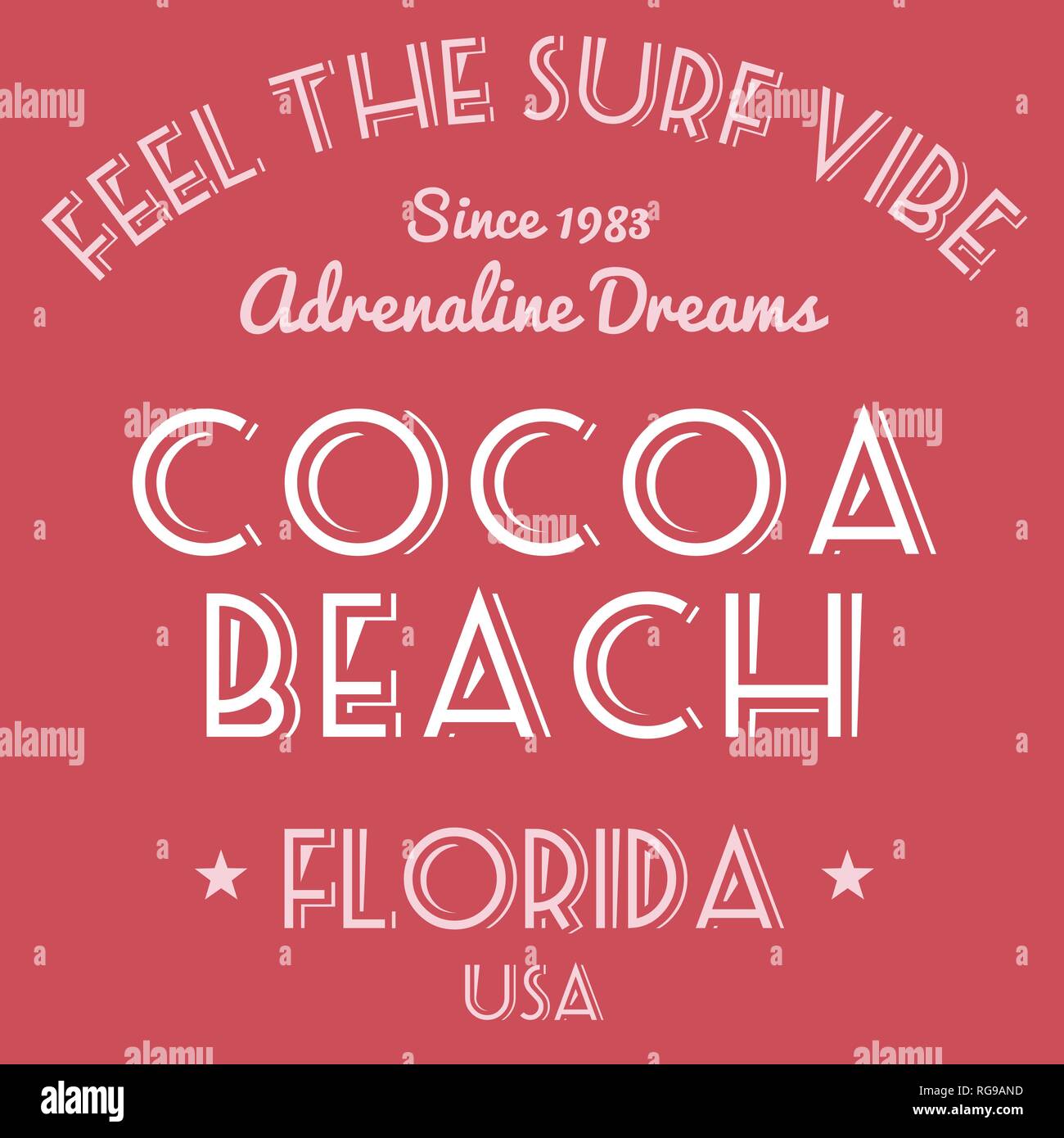 T-shirt design - grafica di moda. Vacanza surf tipografia. Cocoa Beach, Florida, Stati Uniti d'America. Illustrazione Vettoriale
