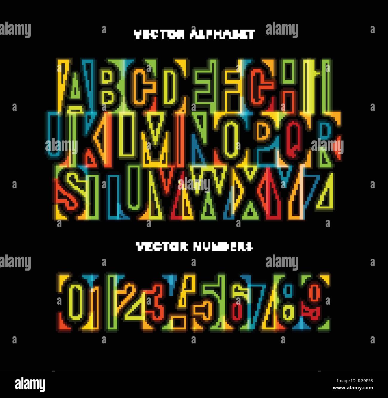 Colorato lettere e numeri impostati. Vettore colorato alfabeto latino. Rainbow colore font. Neon geometriche linee incandescente ABC. Lo spazio negativo monogram e Illustrazione Vettoriale