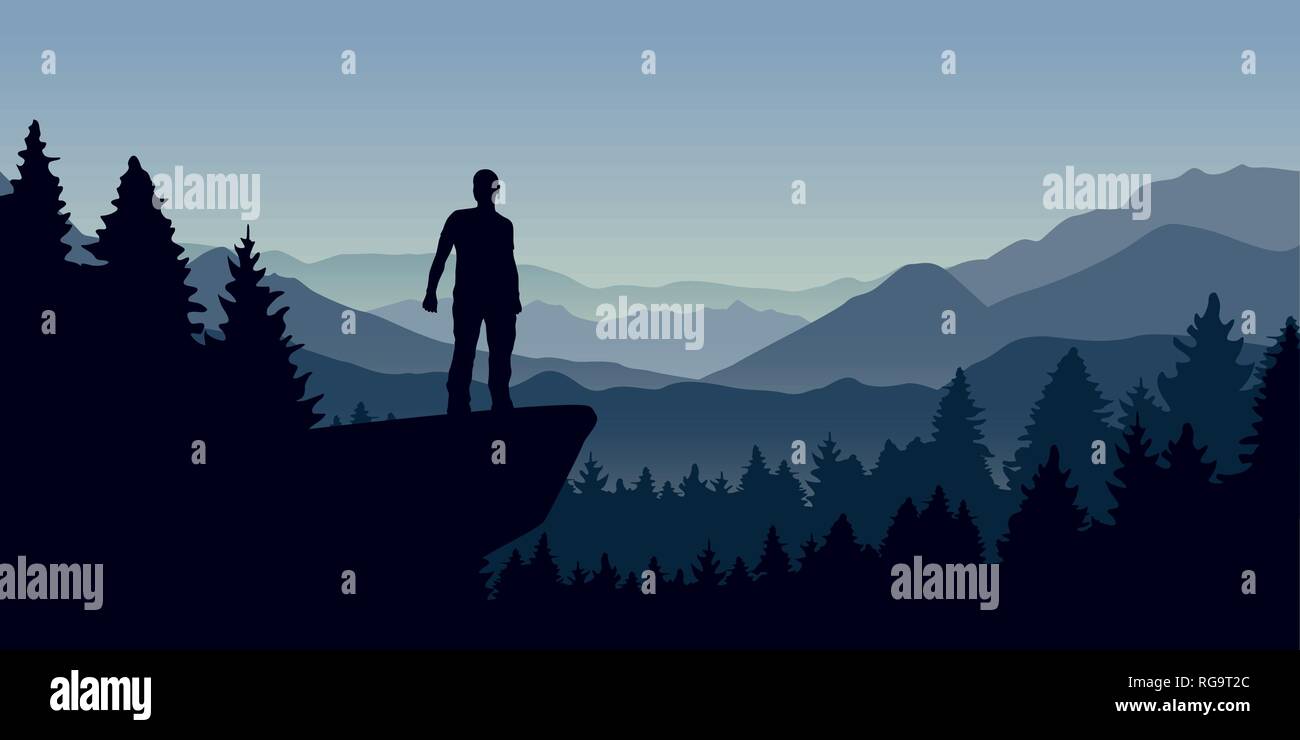 L'uomo sorge su una scogliera nella foresta con vista montagna paesaggio natura illustrazione vettoriale EPS10 Illustrazione Vettoriale