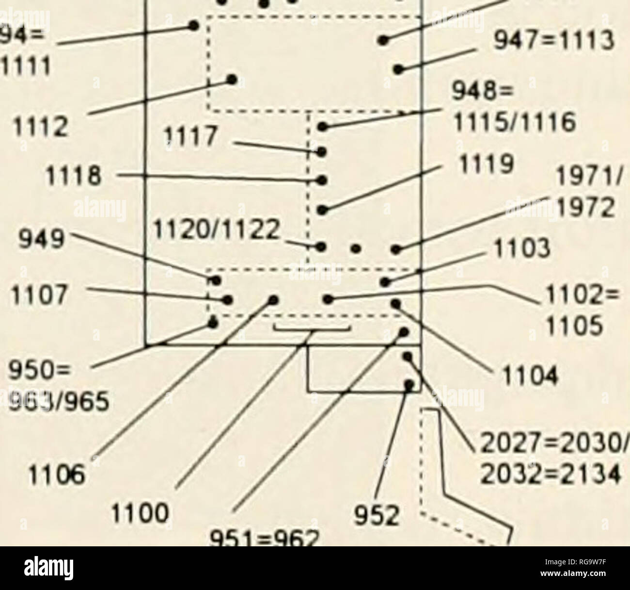 . Bollettini di American paleontologia. Piuta 638/646=757 =764/767 = 1982.1988, 2119 2118 1358=2004 2060 2024=2037. 7=770=2135 953/961, 2038=2037 =2135 '1368=1987 2036 2026^037 =2135 PuebloJ^uevo 713 712 714. Â ¢ 468/469 . 628/633 967/968 (2034/2035 .711 J 427, me 31- 464/467 1367. 1351= ., 1369 1438/1439 r1372 2017/2018L Limoncrto fiume â 1373= 1499/1500 Costa Rica Railroad 83Â° 1'4,09 " Km 9Â° 58- 39.71" - Limon 9Â° 59' 18,35" 992 Lomas del Mar (Est) 943= 942="Â°9 1106 ^. ,946 1114 947=V. Si prega di notare che queste immagini vengono estratte dalla pagina sottoposta a scansione di immagini che possono essere state d Foto Stock